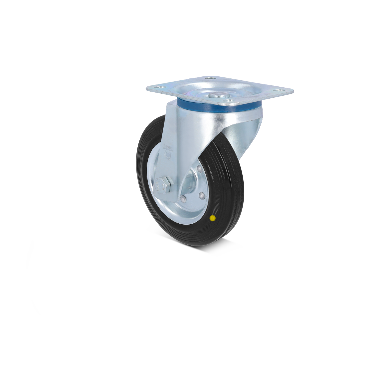 A swivel castor wheel features a black rubber tire and a metallic housing with a mounting plate. It is positioned at an angle, showcasing its smooth rolling surface and sturdy construction.
