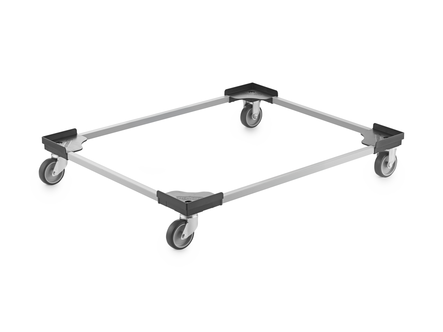 A square transport trolley with four swivel castors is positioned upright. It features a sturdy, lightweight frame made of metal pipes, ideal for moving items in an industrial setting.