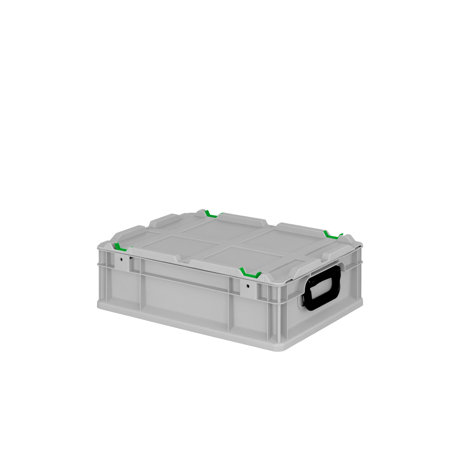Transparente Kunststoffbox mit einem flachen Deckel, schwarzen Griff und grünen Befestigungen an den Ecken. Sie steht auf einer neutralen Fläche und ist für den Transport oder die Lagerung von Materialien geeignet.