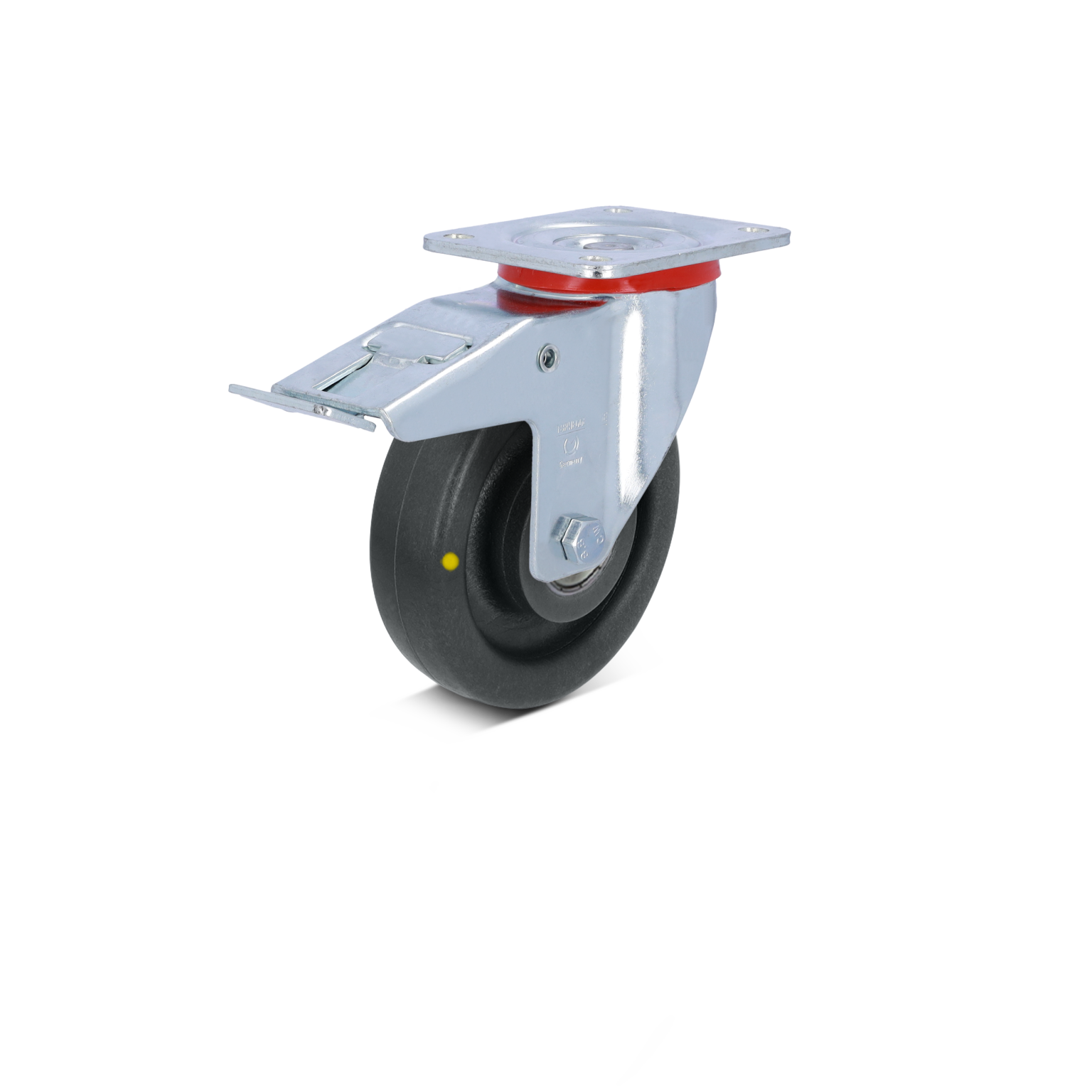 Black industrial wheel with a metallic swivel plate and a red accent. The wheel features a smooth surface, mounted on a metal bracket for stability, positioned against a light background.