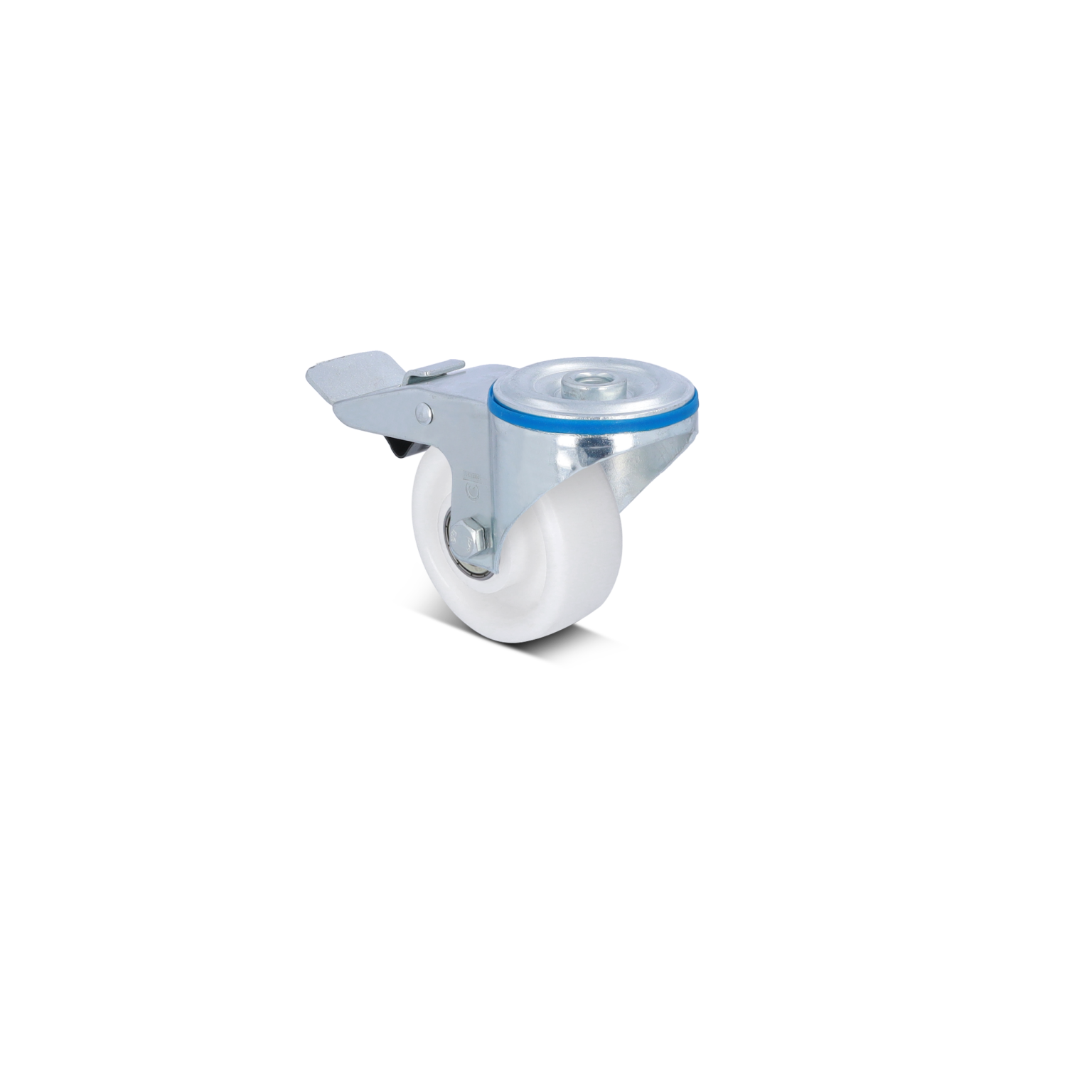 A swivel castor wheel features a white plastic wheel mounted on a shiny metal bracket with a blue accent. It includes a locking mechanism lever, suitable for material handling applications.