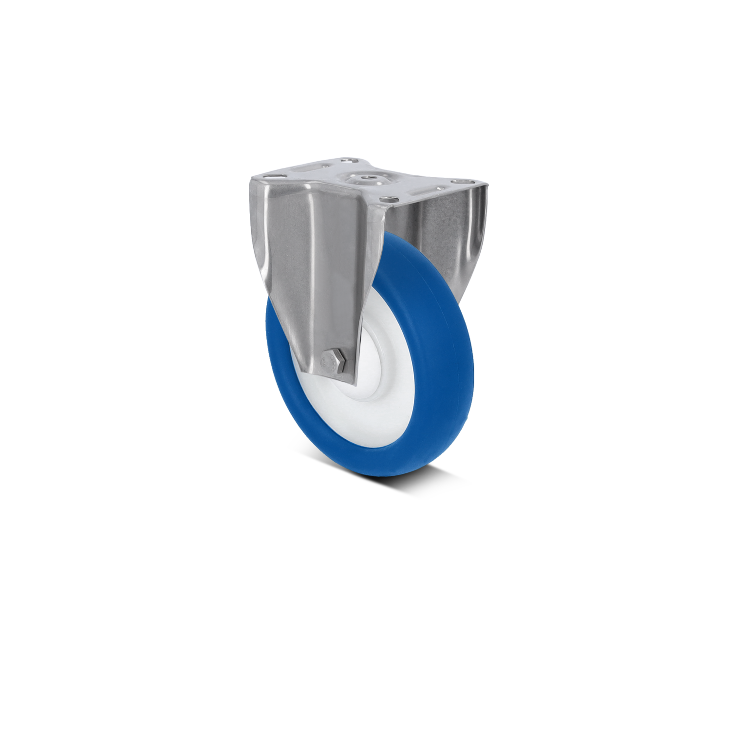 Zwenkwiel met een gecoate blauwe band en een witte kern, bevestigd aan een metalen montagemontage. Het wiel is gepositioneerd met een schone, zwarte achtergrond zonder verdere context.