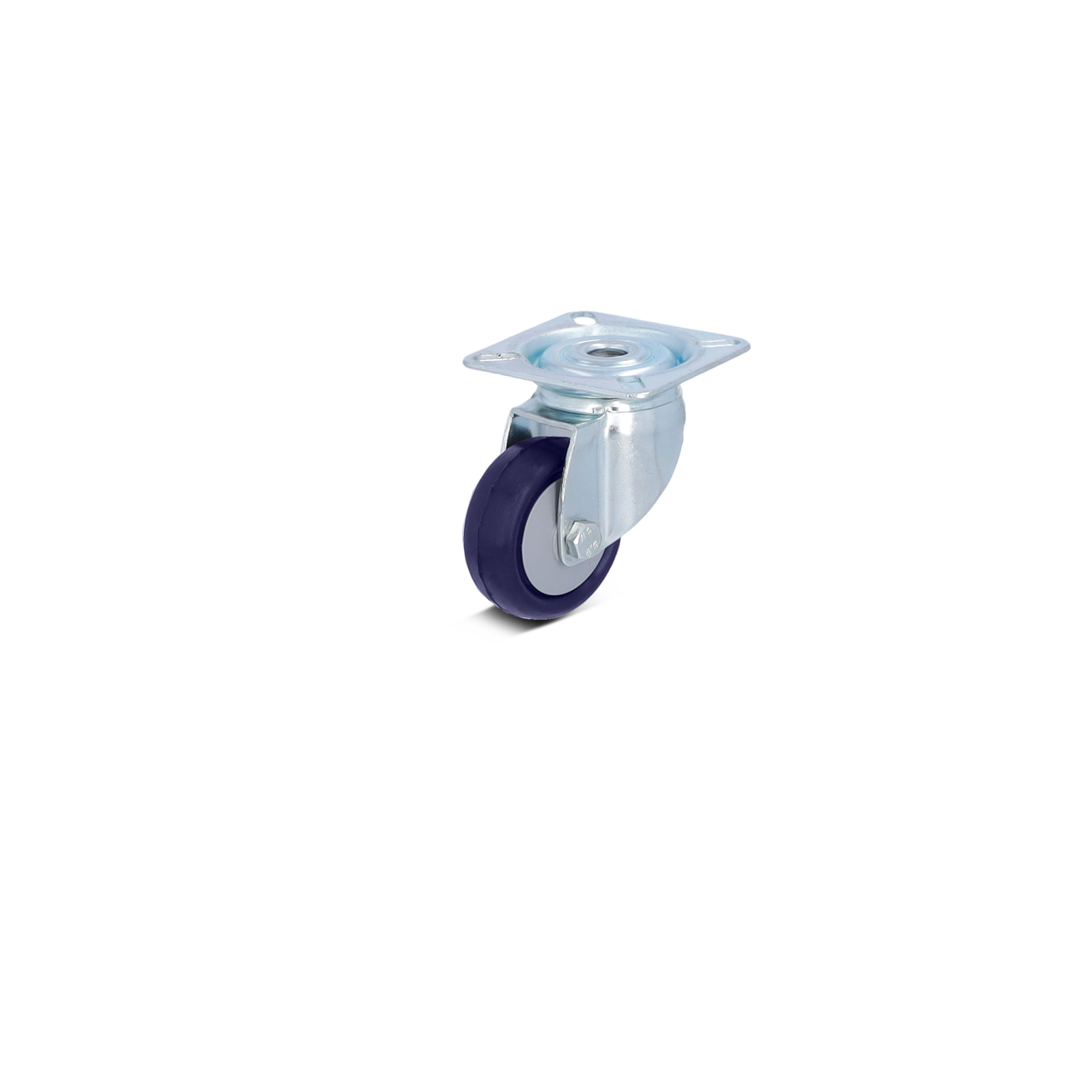 A swivel castor with a black rubber wheel and a metallic mounting plate is shown. The castor is designed for easy mobility and is displayed against a simple background, emphasizing its features.