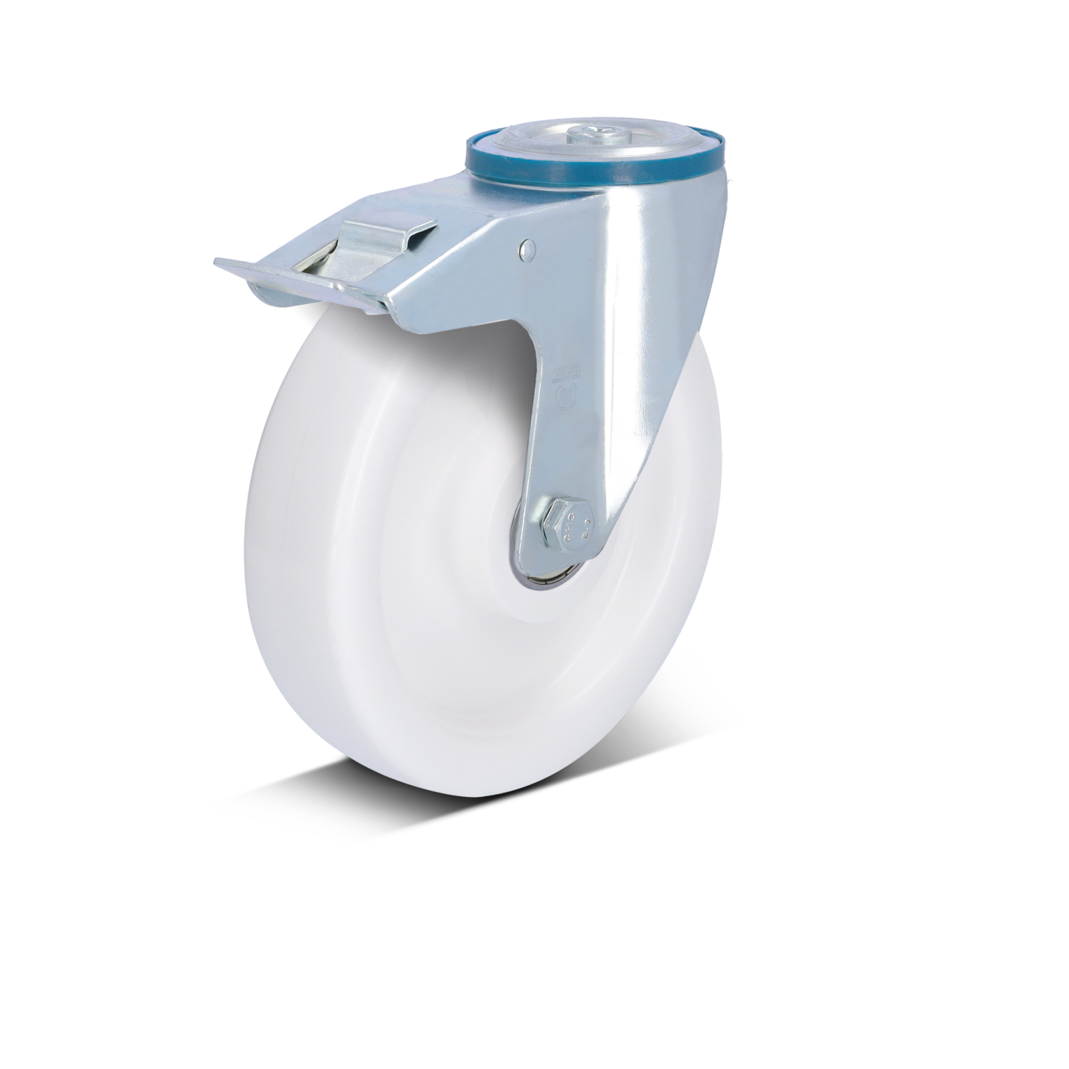 A white industrial wheel is mounted on a silver metal swivel base. The wheel appears smooth and is designed for maneuverability, suited for various transport applications. The background is plain black.