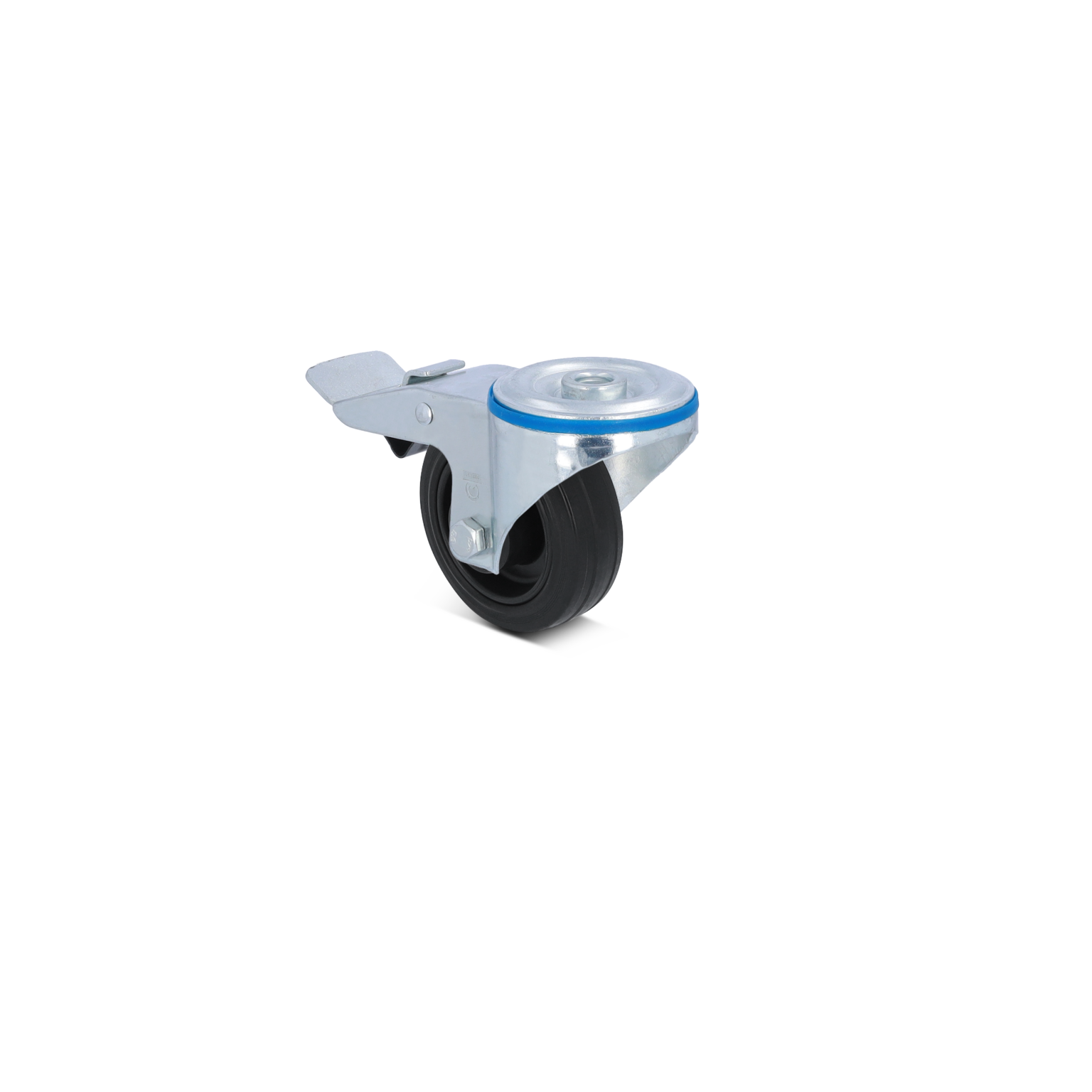 Een zwenkwiel met een metalen behuizing en zwart rubberen loopvlak, voorzien van een blauwe ring, staat op een witte achtergrond. Het heeft een bevestigingsplaat voor montage.