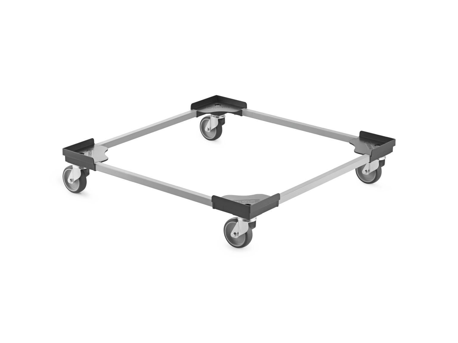 A square transport dolly features a metal frame with four swivel castors at each corner. It is designed for easy mobility and supports various loads in an industrial setting.