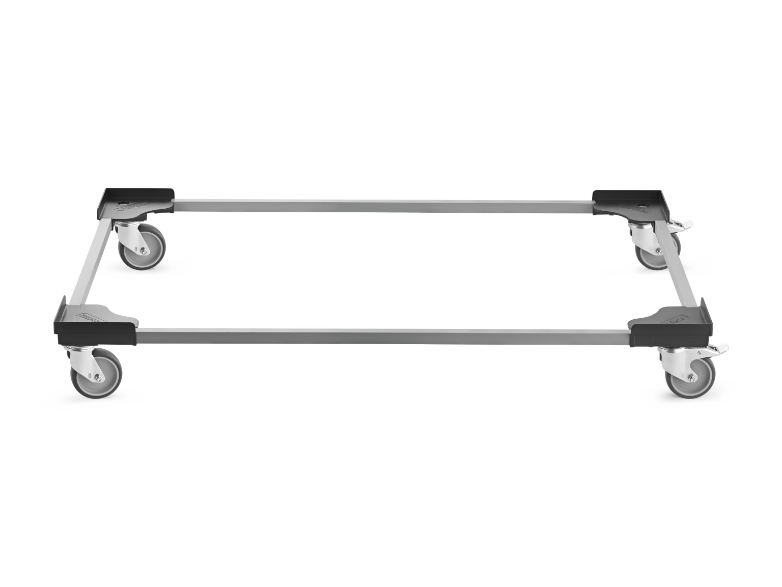 Transport trolley feature an aluminum frame with black plastic corners and four swivel castors. It is positioned horizontally against a blank background, suitable for material handling tasks in warehouses.