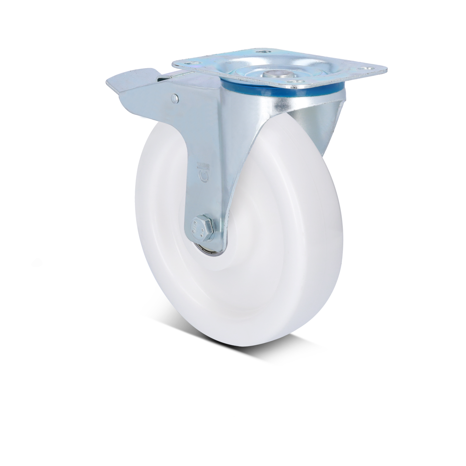 A white plastic wheel with a metal mounting plate is shown, featuring a swivel design and a shiny finish. The wheel is positioned upright against a plain background, emphasizing its industrial application.