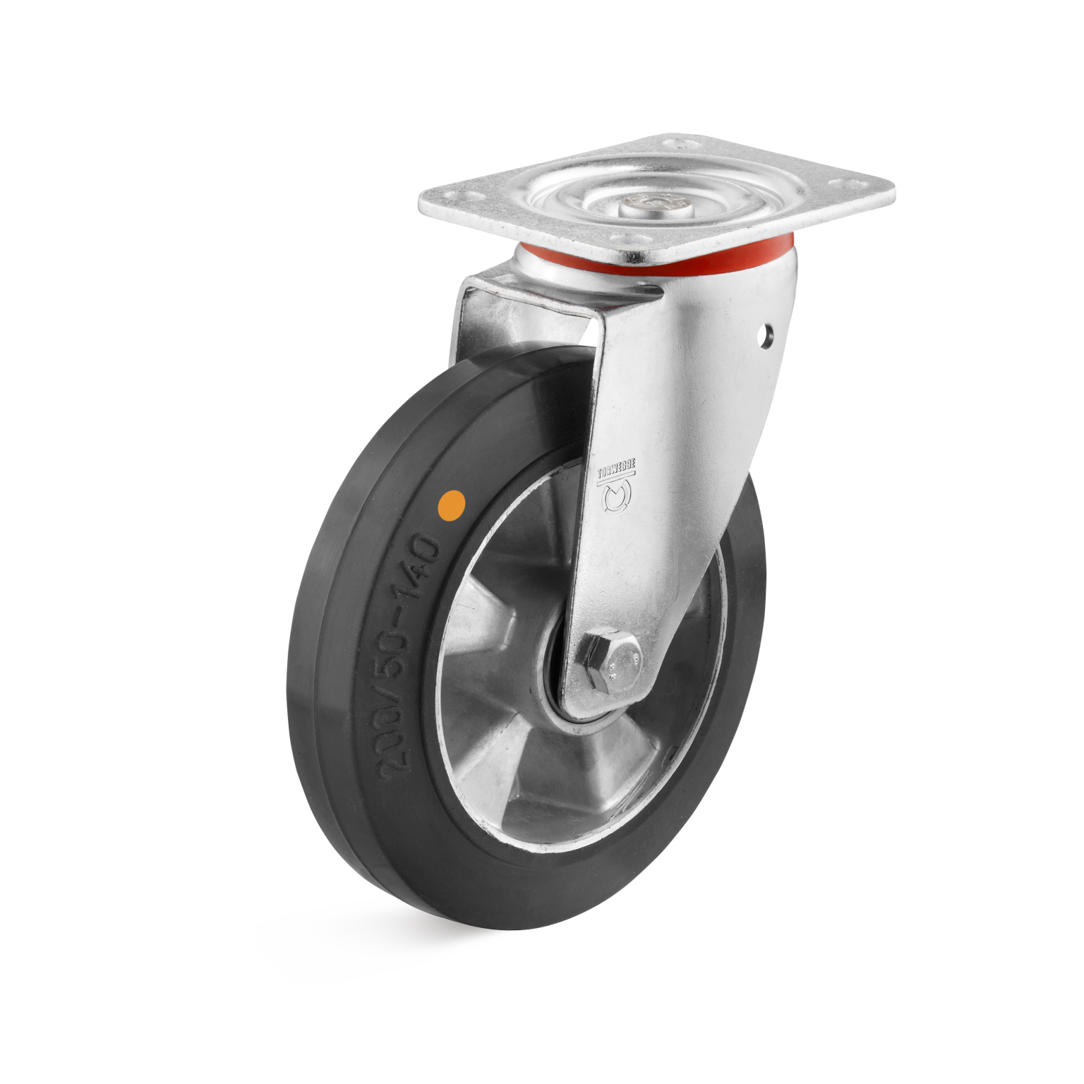 A swivel castor features a robust rubber wheel mounted on a metal bracket, visible mounting plate, and a bearing for smooth rotation. It lacks a background and focuses solely on the castor design. The wheel is marked with -200/50-140.-