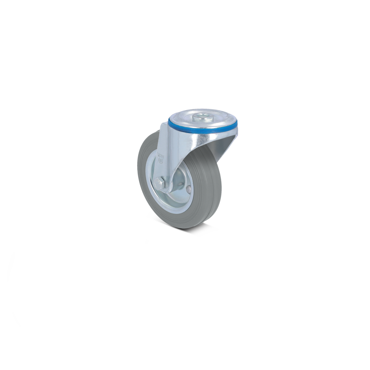 Zwenkwiel met een grijze rubberen band en een metalen bevestiging. Het wiel is aan de bovenkant afgesloten met een ronde schijf. De achtergrond is eenvoudig en onopvallend.