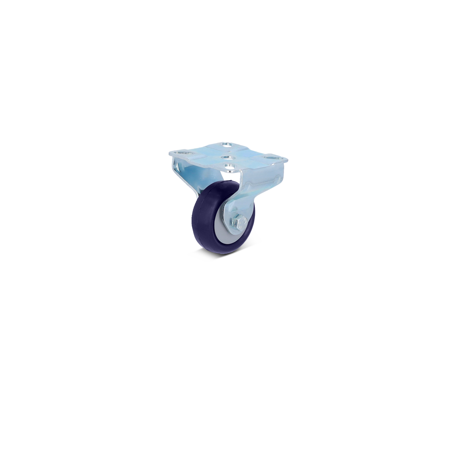 A swivel castor with a blue rubber wheel is mounted on a metallic plate. The mount features four holes for secure attachment. The background is plain, emphasizing the castor-s design.