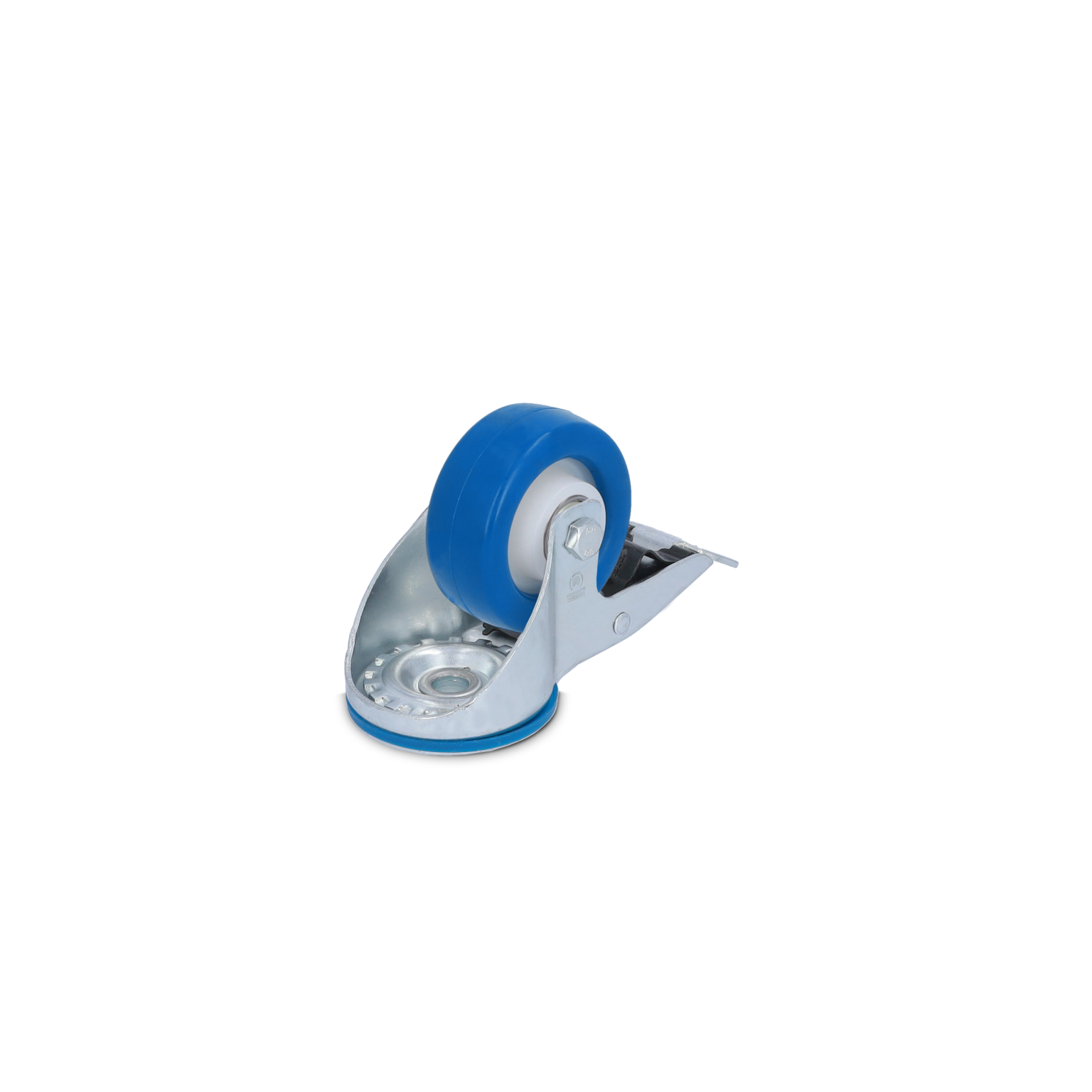 Ein blauer Rollenrad mit einer weißen Lauffläche ist an einer silbernen Montageschale befestigt. Die Rolle ist beweglich und hat eine glatte Oberfläche. Der Hintergrund ist schwarz.