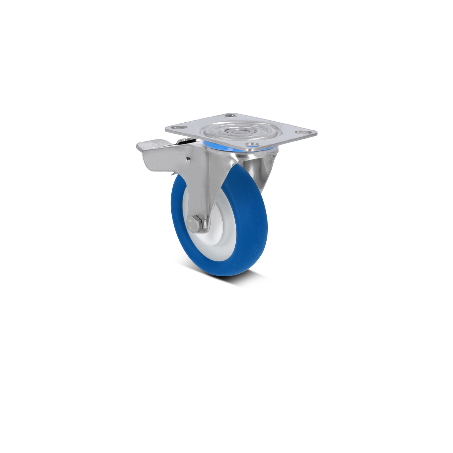 Een industrieel wiel met een blauw rubberen omhulsel en een witte kern. Het is bevestigd aan een metalen montagesteun met een vierkante basis. De achtergrond is neutraal en leeg.