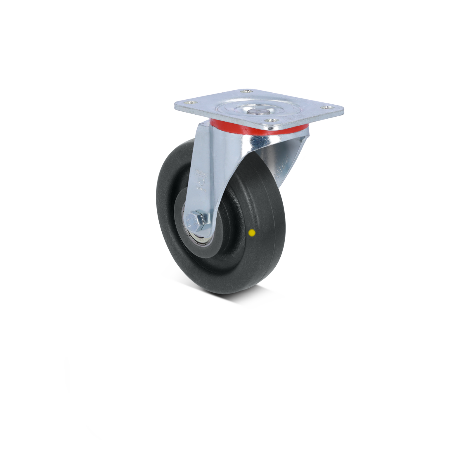 A black rubber castor wheel features a shiny metallic swivel mount with a square plate and four holes for screws. It is positioned upright against a plain background.