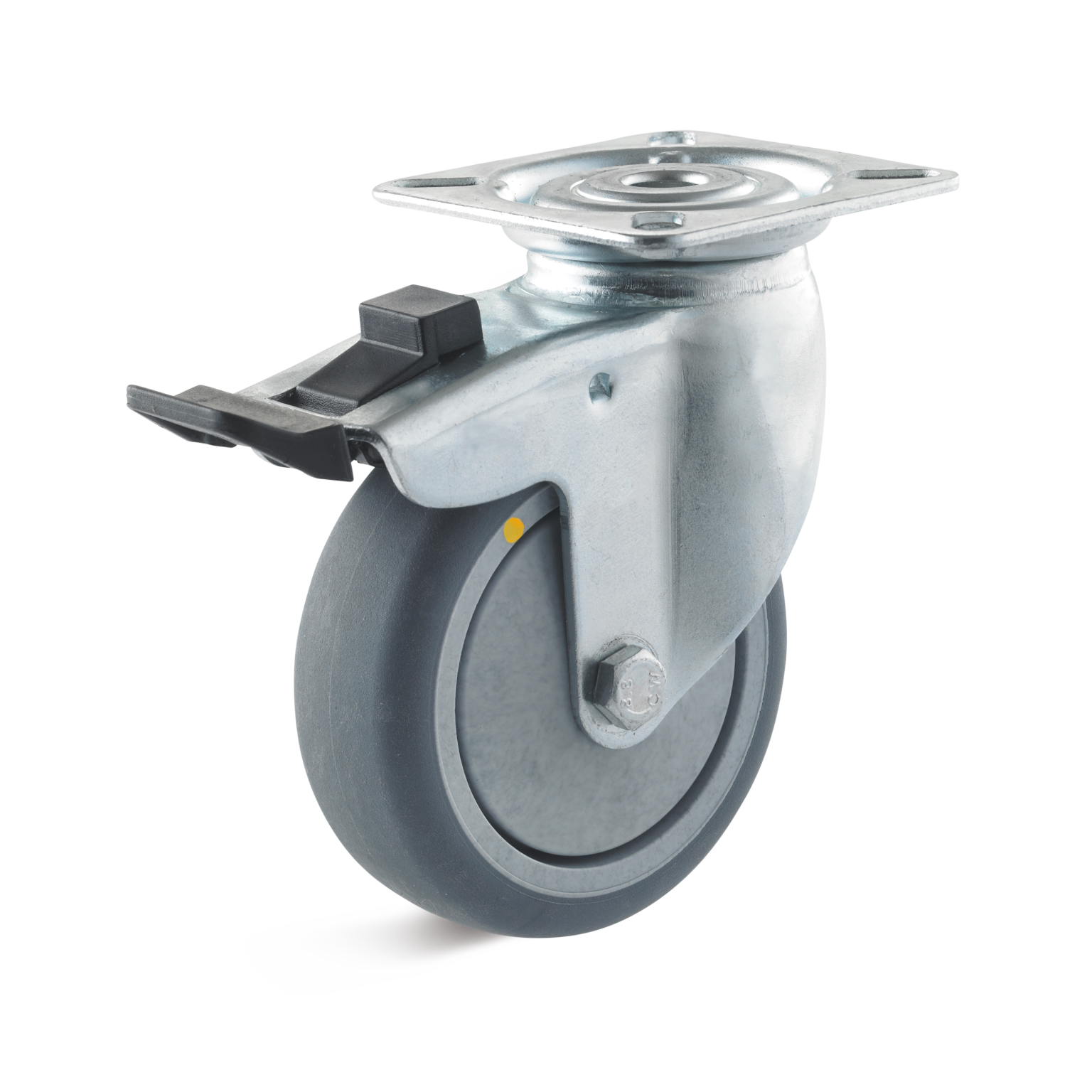 A swivel castor wheel features a grey rubber tread and metallic mounting plate. It has a braking mechanism on the side and is positioned upright against a plain background.