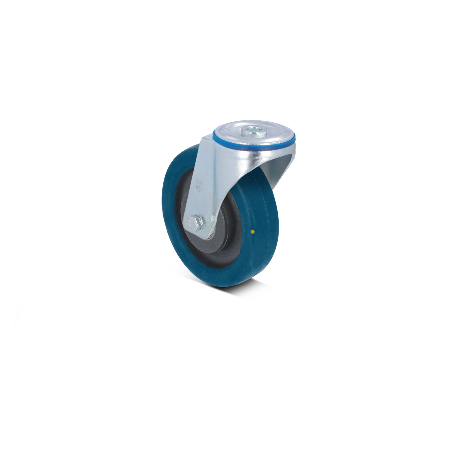 Scherpe zwenkwiel met een blauwe rubberen band en een metalen bevestigingsbeugel. Het wiel is helder zichtbaar en afgewerkt, zonder andere elementen op de achtergrond.