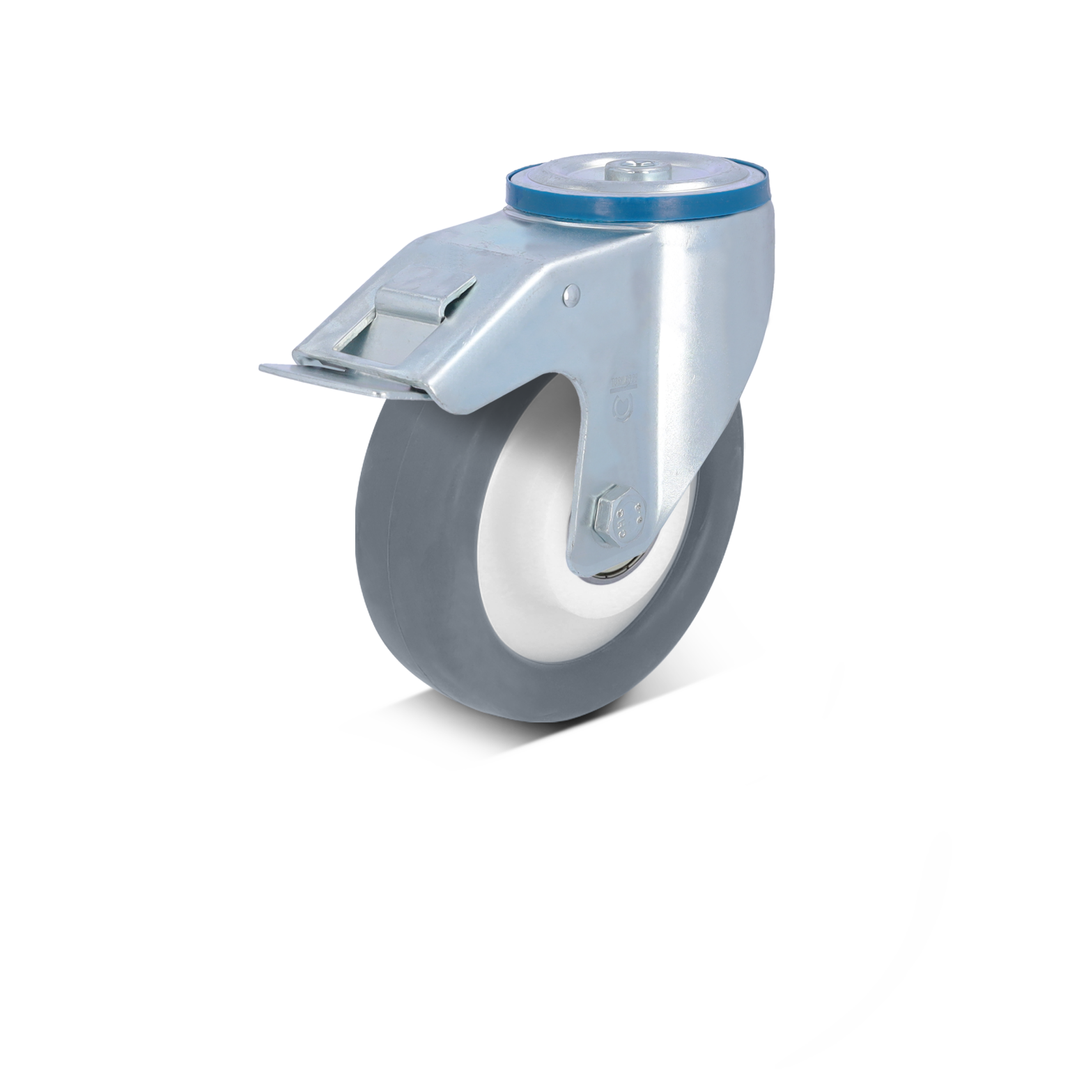 A grey industrial wheel with a metal mounting plate and swivel bracket is shown. The wheel features a white inner section, indicating a durable material suitable for movement. The background is blank, emphasizing the wheel-s details.