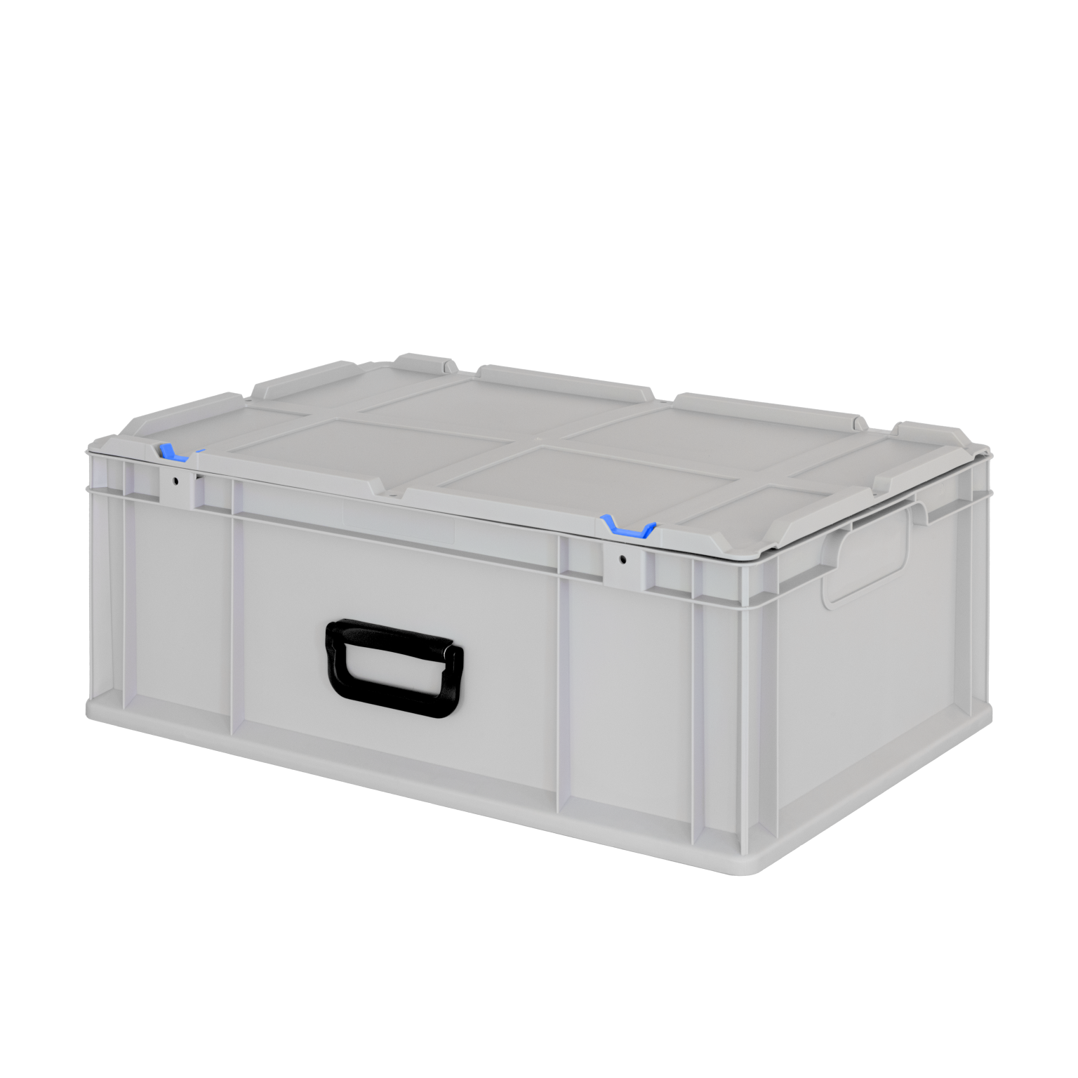 A rectangular, semi-transparent plastic container features a black handle and blue clips on the corners. It-s designed for storage and organization, suitable for various materials. The background is plain black.