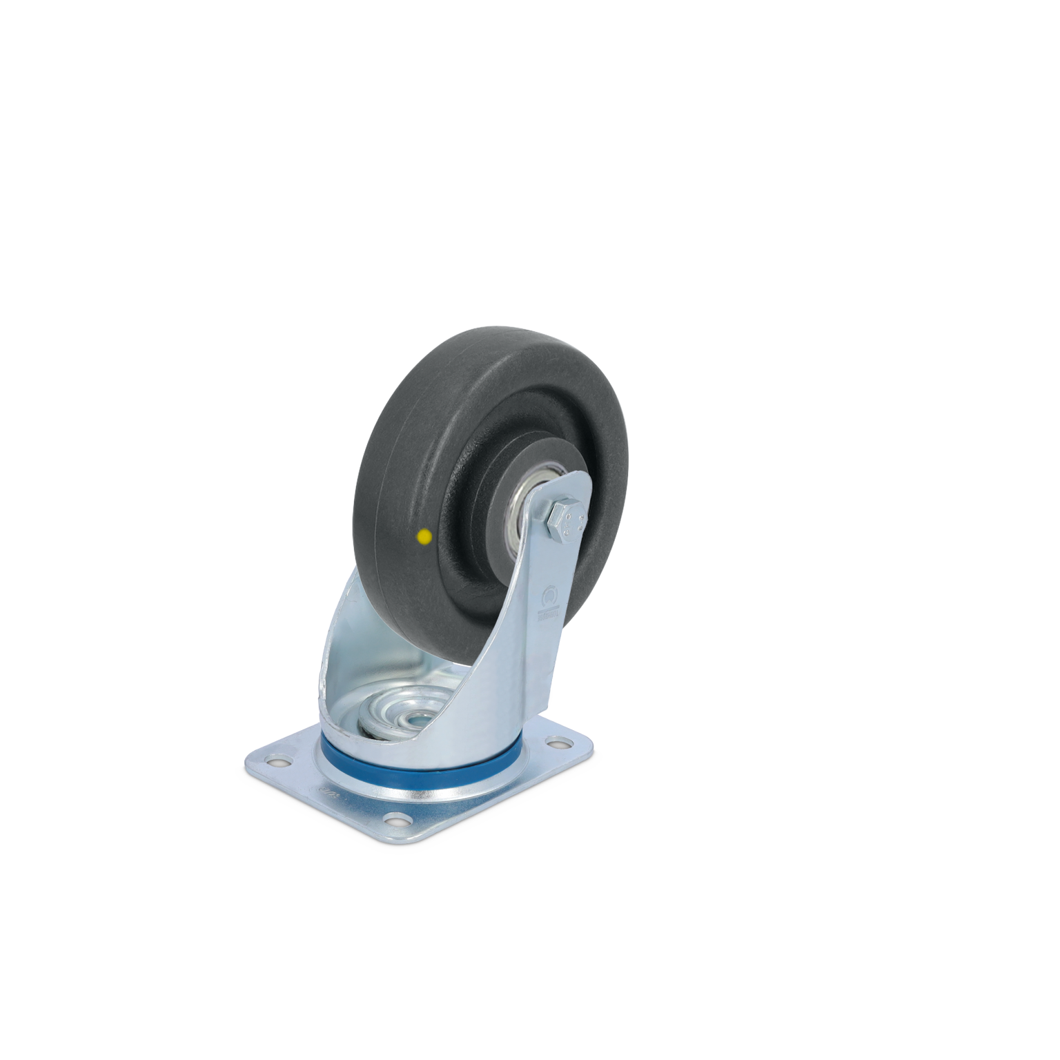 Zwenkwiel met een zwart rubberen loopvlak en een metalen bevestigingsplaat. Het wiel is gemonteerd op een draaibevestiging, zichtbaar in een minimalistische omgeving.