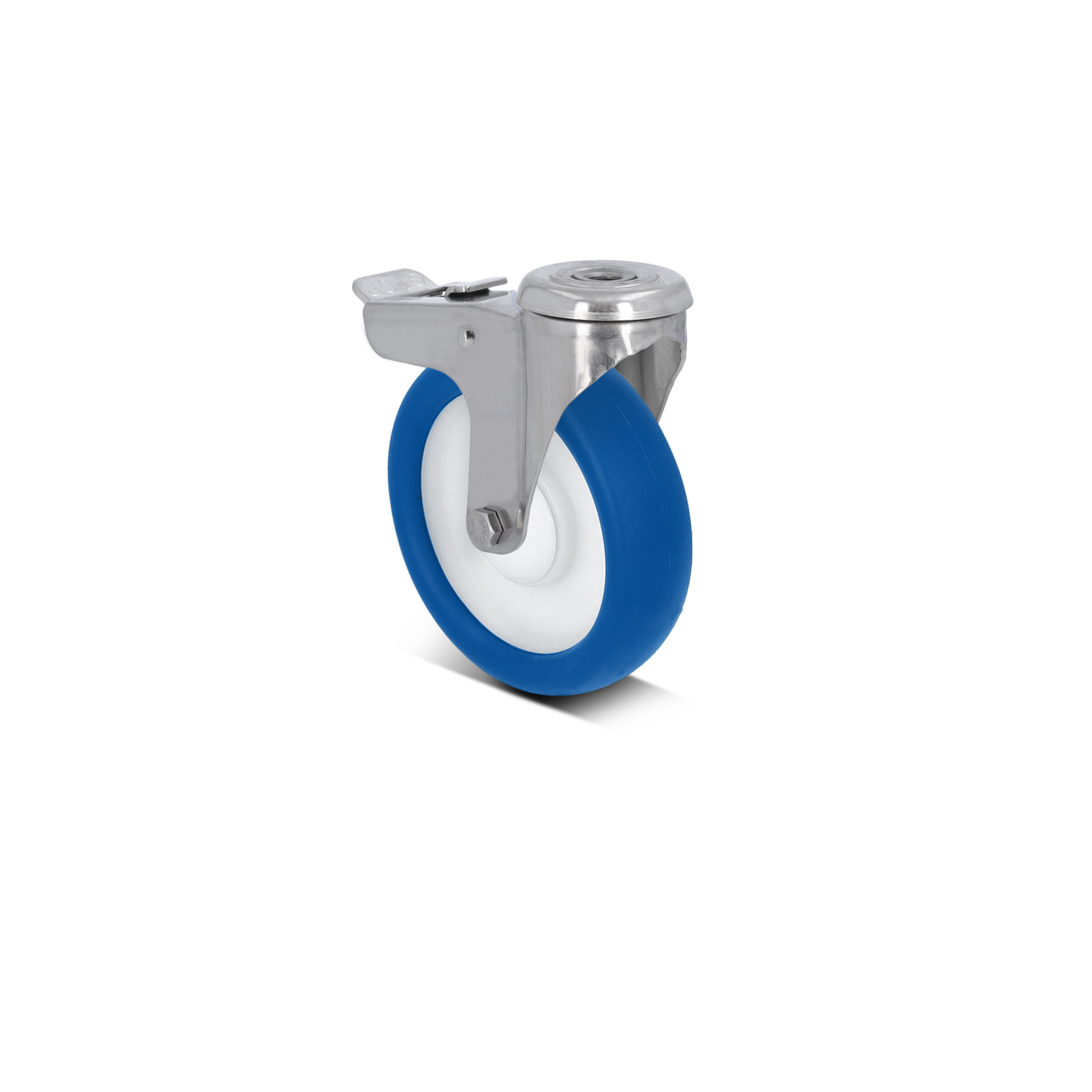 Een industriële zwenkwiel met een blauw rubberen band en een witte binnenrand. Het heeft een glanzend metalen bevestigingsdeel en een remmechanisme aan de bovenkant. De achtergrond is zwart.