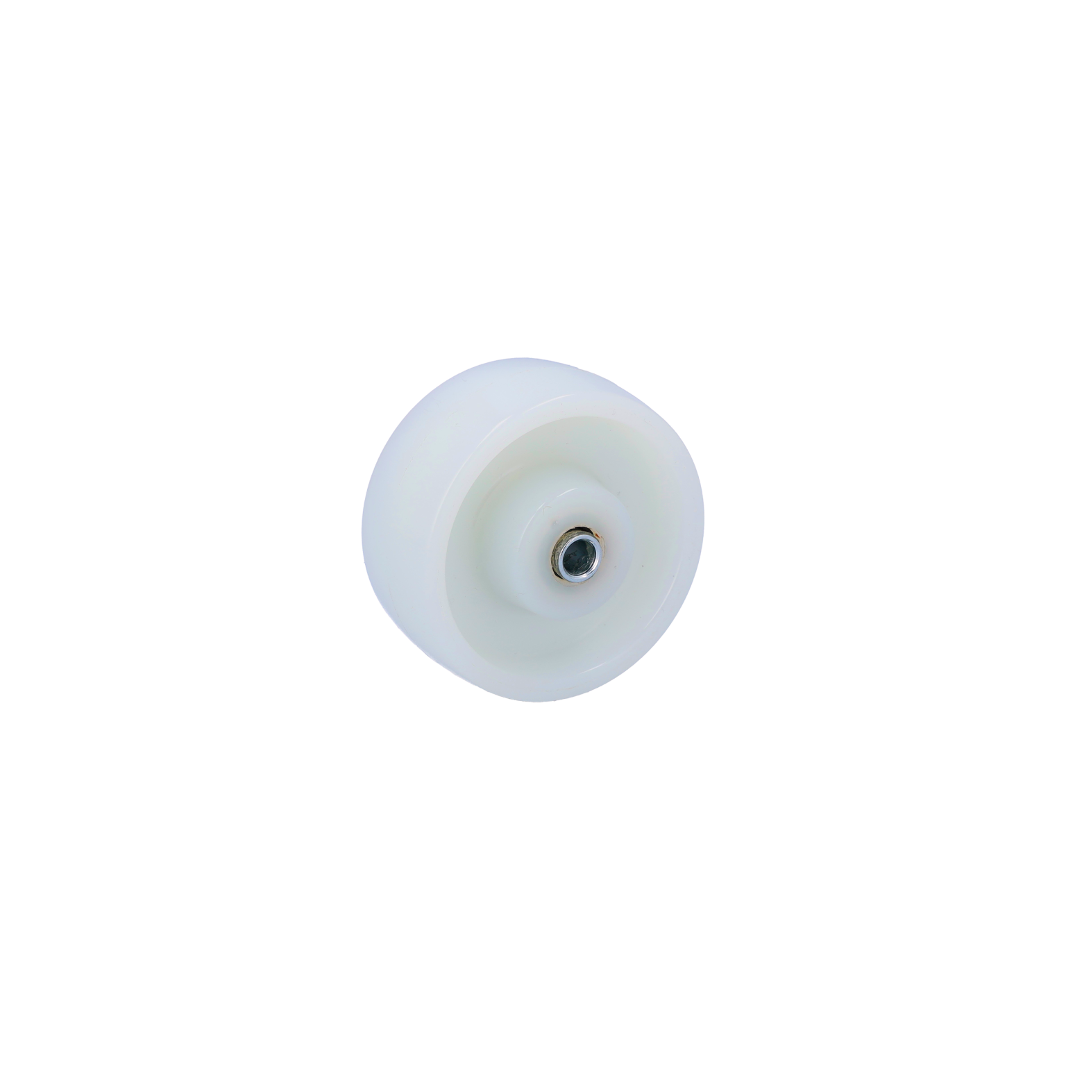 A white industrial wheel with a smooth surface and a central hole for mounting is displayed. It has a simple, rounded design, suitable for material handling applications.