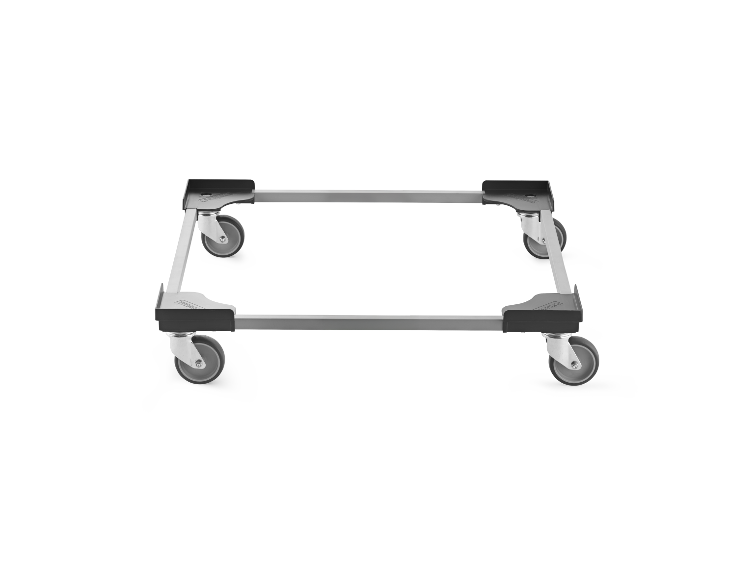 A square transport trolley features a metal frame with four swivel castors attached at each corner. It is designed for mobility in handling materials or products. The background is plain.