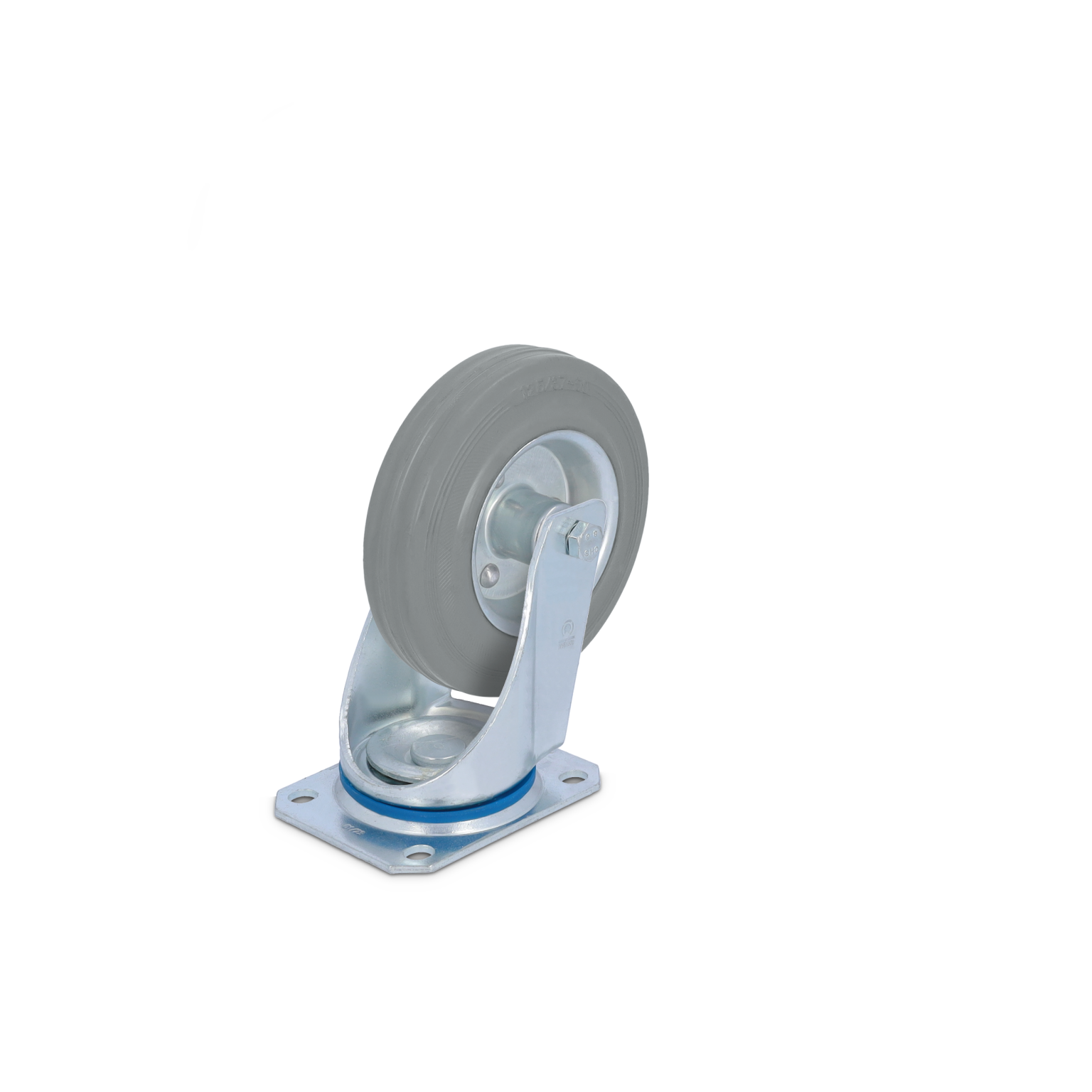 Een industriële zwenkwiel met een rubberen band. Het wiel is bevestigd aan een metalen montagesteun met een gebogen arm, gepositioneerd op een heldere achtergrond.