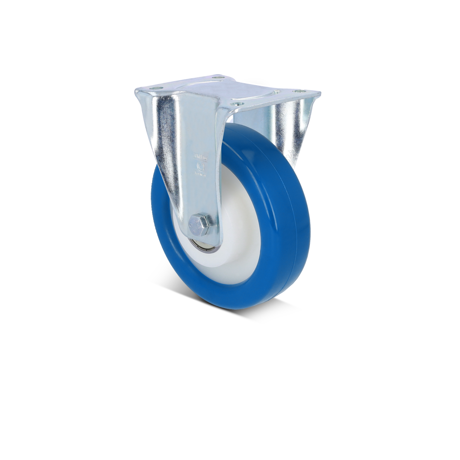 Een blauwe kunststof wieltje met een metalen montagebeugel. Het wieltje heeft een witte binnenring en is ontworpen voor gebruik in industrie en magazijnen. De achterkant is glanzend en sterk.
