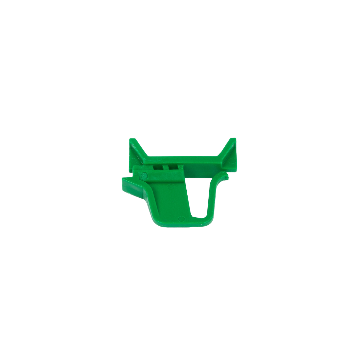 A green plastic component with a hook-like structure, featuring grooves for stability. It-s flat with a raised section at one end, likely designed for securing or anchoring purposes in material handling.