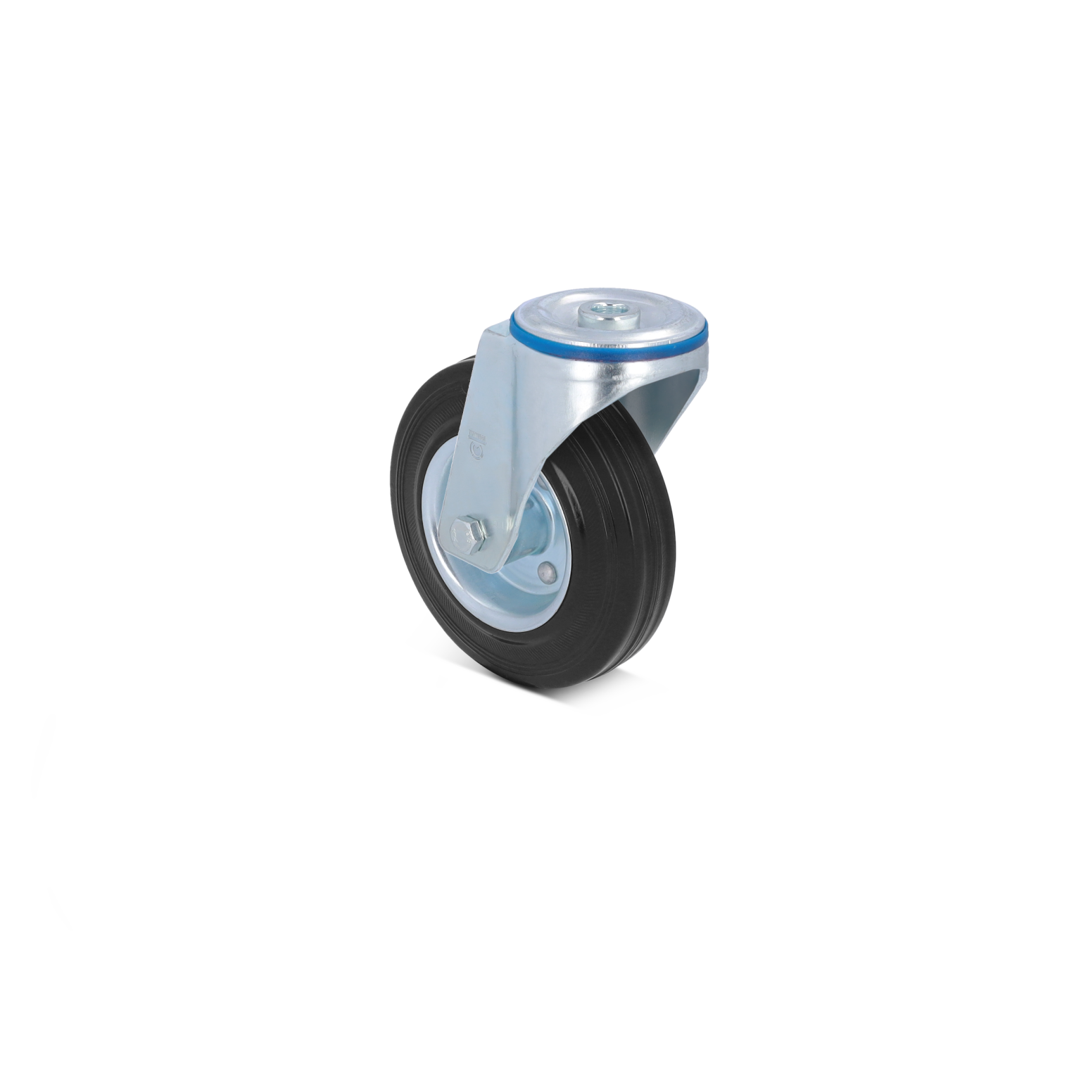 Stalen zwenkwiel met een rubberen band. Het heeft een metalen montagestuk met een centrale bevestigingsschroef en een blauwe rand. Geschikt voor gebruik in diverse industriële omgevingen.