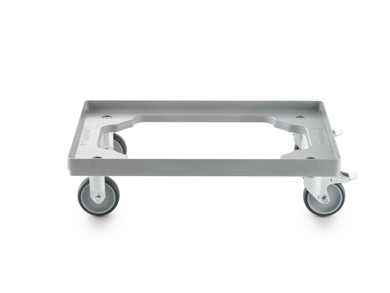 A flat transport trolley features a sturdy rectangular platform with rounded edges and a central opening. It is equipped with four swivel castors, designed for easy mobility in industrial settings.