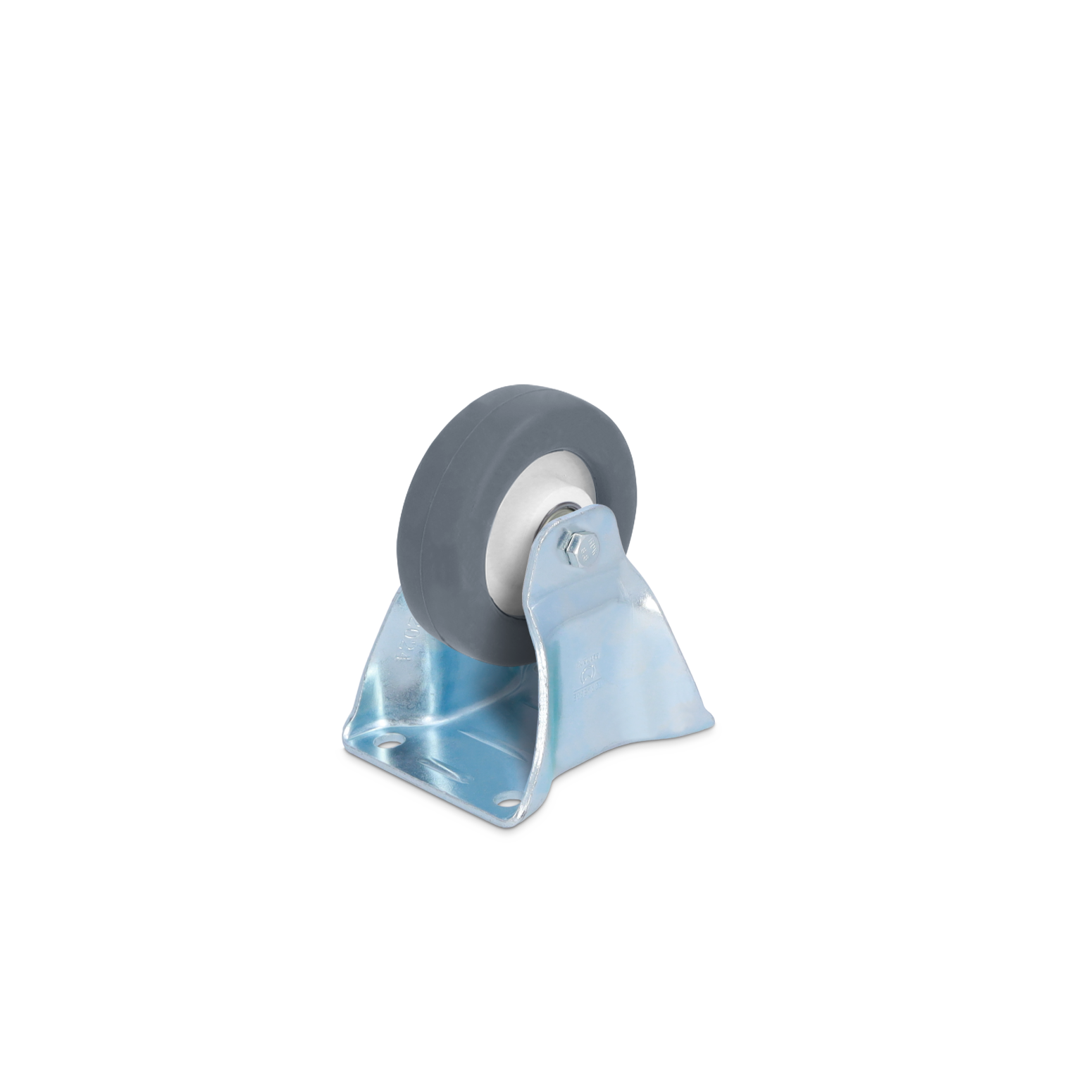 A swivel castor features a gray rubber wheel mounted on a metal bracket with a flat base. It is designed for easy maneuverability in industrial settings, positioned against a neutral background.