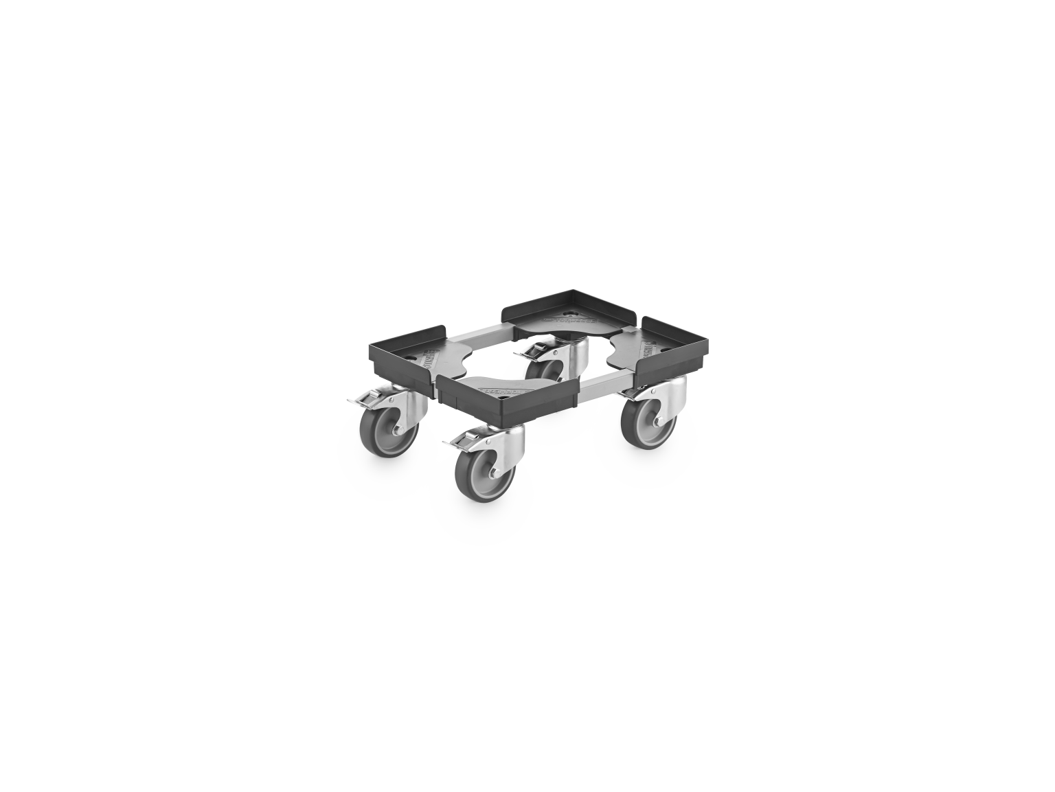A rectangular transport dolly features a metal frame with four swiveling wheels attached. The dolly is designed for moving heavy items efficiently and is set against a plain background.