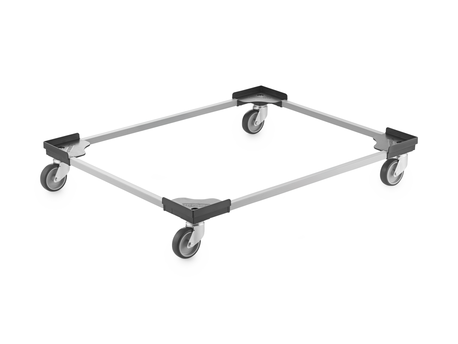 Square frame with four castors at each corner, providing mobility. The structure is made of metal, designed to hold or transport items in an industrial environment.