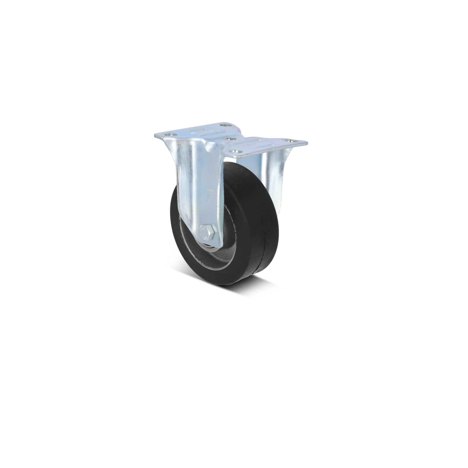Ein schwarzer Gummirollen mit einer Metallbefestigung ist sichtbar, die mit zwei Schrauben an einem montierten Element angebracht werden kann. Der Hintergrund ist einfarbig.