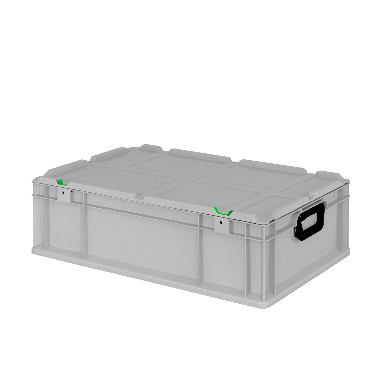 A rectangular plastic storage box is shown with a light gray body, featuring green clips on the lid and one black handle on the side for easy carrying.