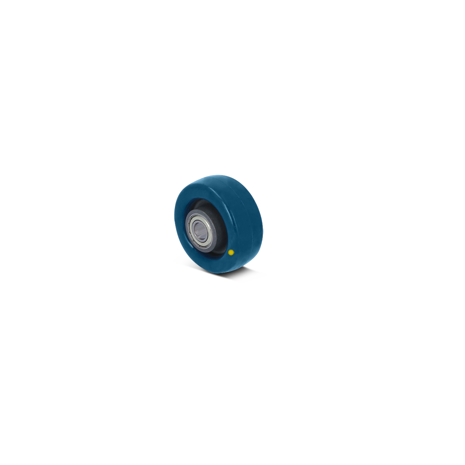Een blauw rubberen wiel met een metalen lager in het midden en een gele markering op de zijkant. Het staat op een neutrale achtergrond, gericht op gebruik in intralogistiek en materiaalhandling.