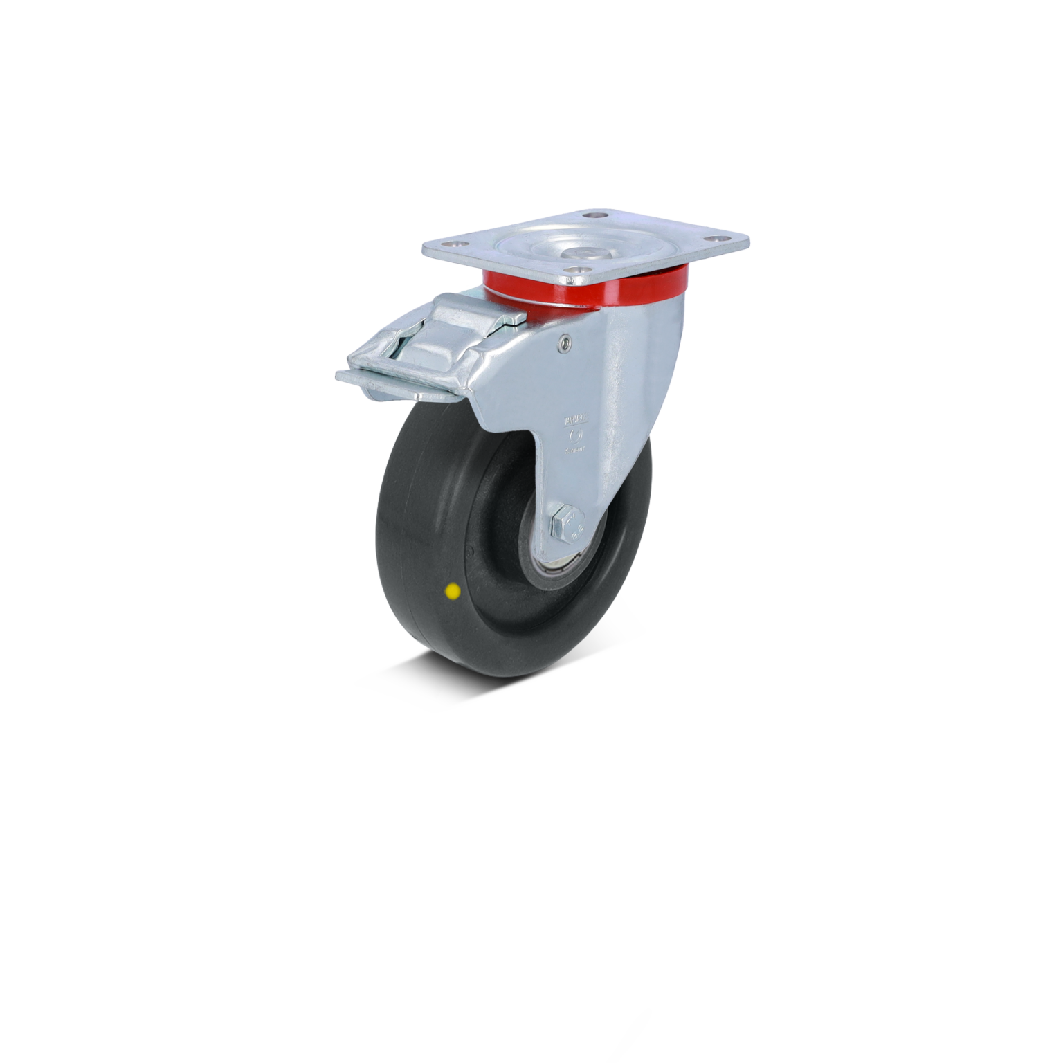 A swivel castor wheel features a black rubber tire and a metal mounting plate with a silver finish. It includes a brake mechanism and is positioned against a plain background.