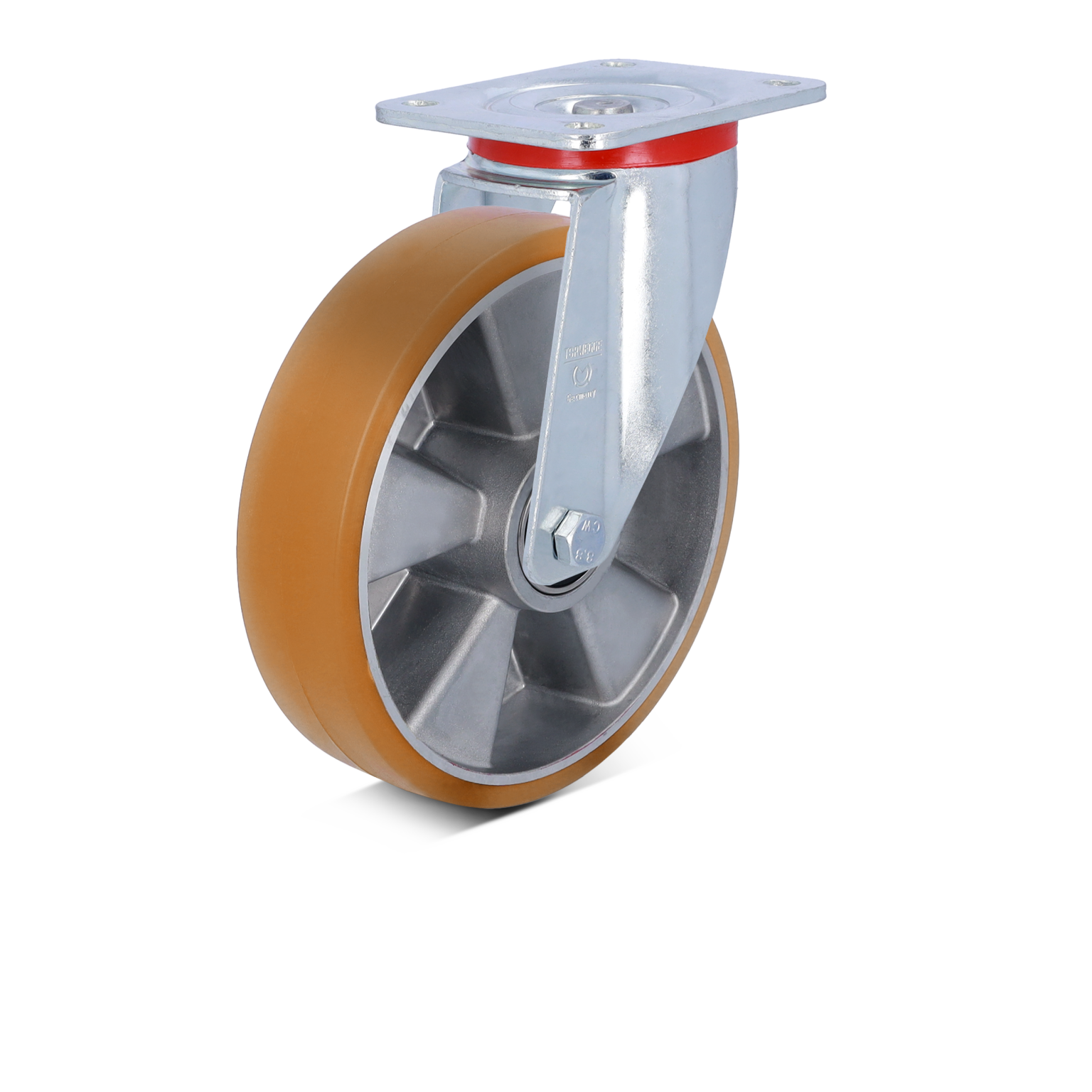 A swivel castor with a polyurethane wheel is mounted on a metallic bracket. The wheel-s design allows for smooth movement and is set against a plain background, emphasizing its industrial application.