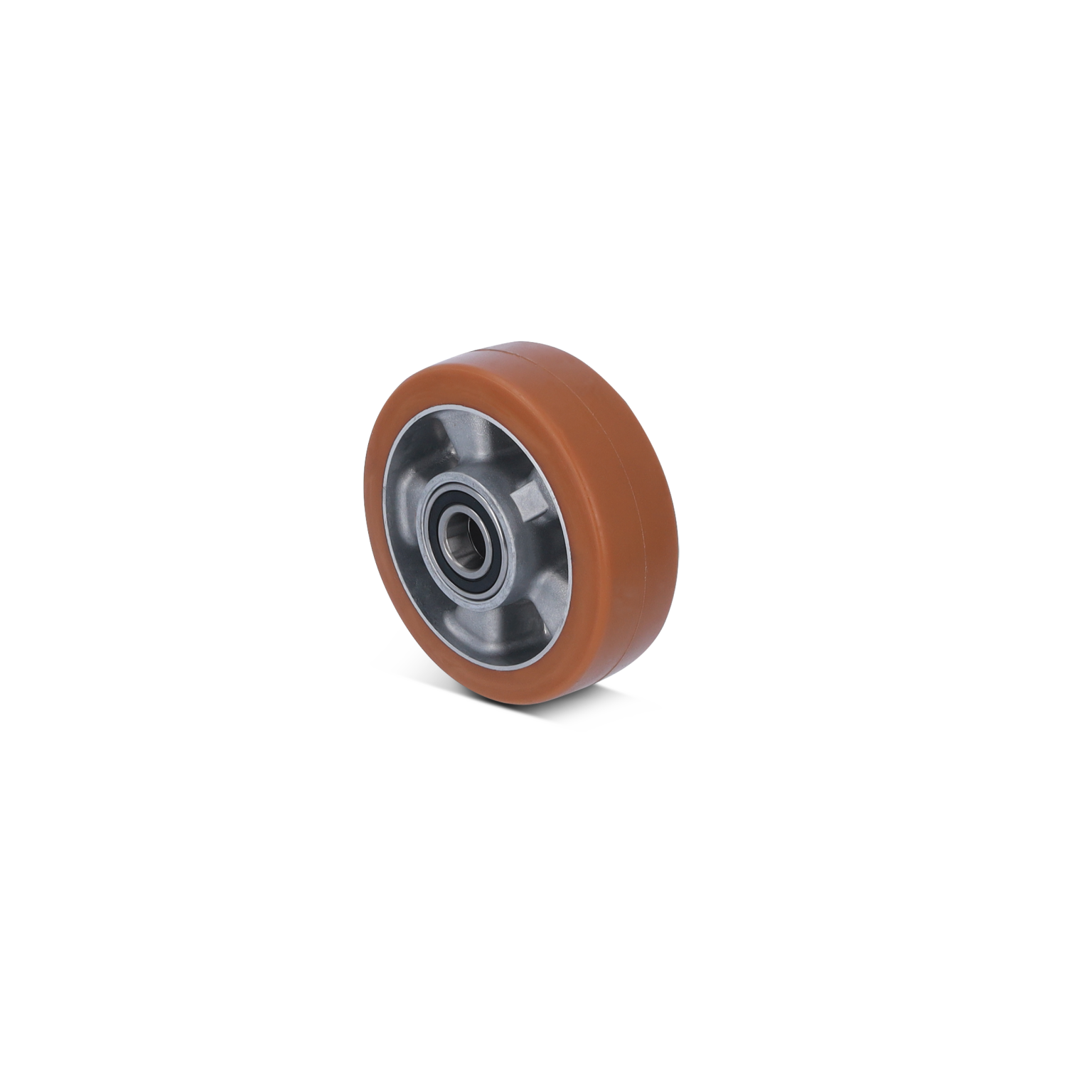 Industrieel wiel met een bruin rubberen loopvlak en een metalen kern. Het wiel is vooraanzicht gepositioneerd en toont een lager in het midden, met een neutrale achtergrond.