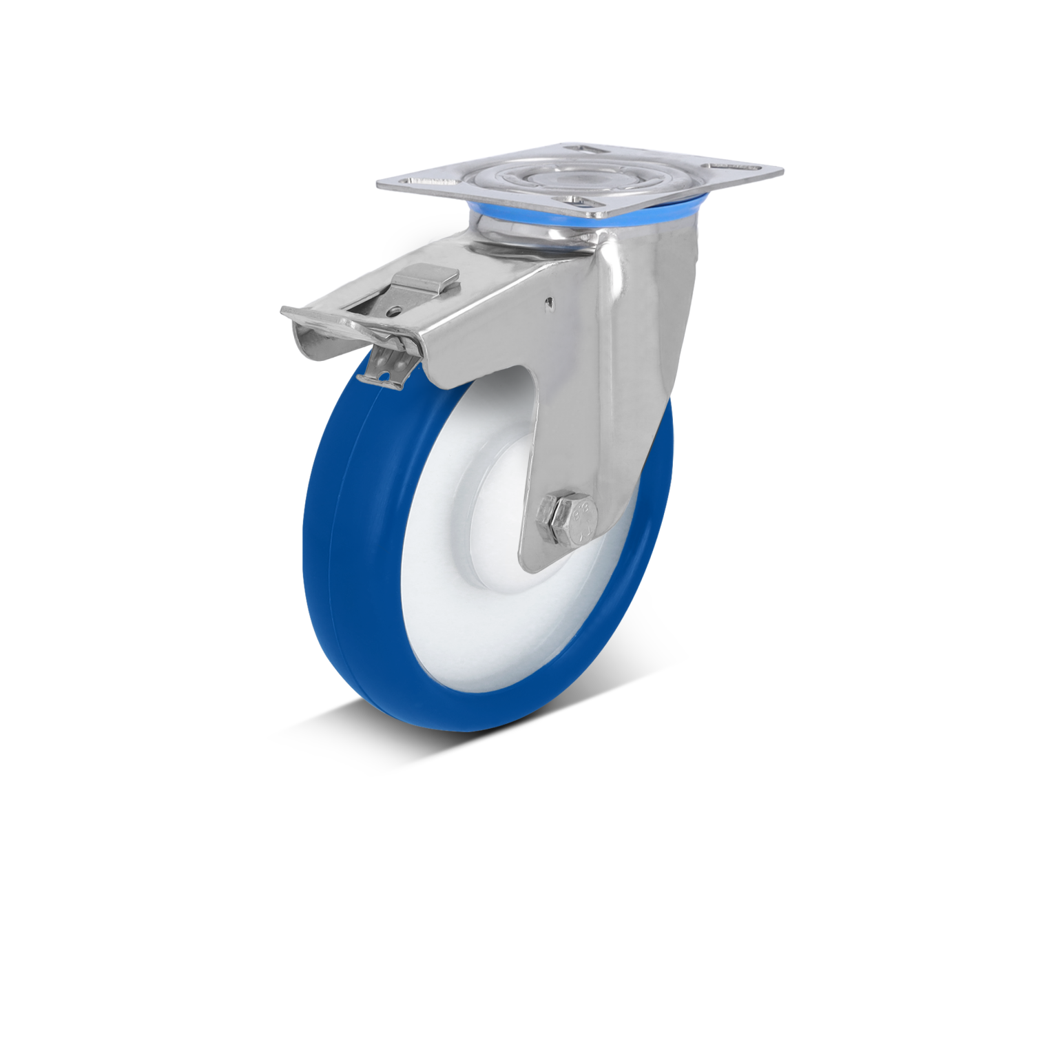Een blauwe kunststof wiel met een metalen bevestigingsplaat. Het is ontworpen voor mobiel gebruik, met een glanzend metalen afwerking en een witte binnenring. De achtergrond is zwart.