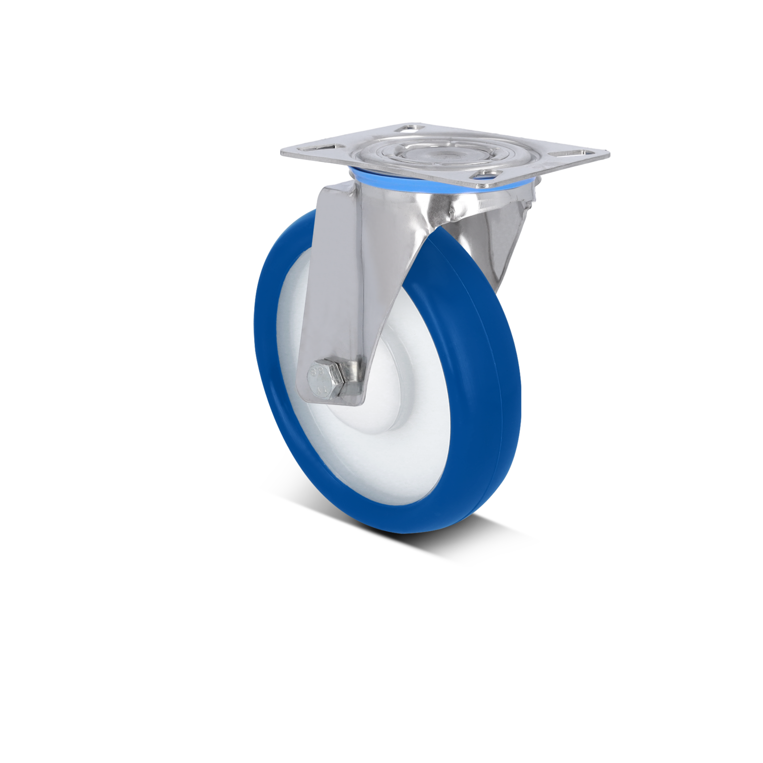 Zwenkwiel met een blauw rubberen loopvlak en een zilveren metalen bevestigingsplaat. Het wiel is rond en heeft een gladde afwerking, geschikt voor diverse toepassingen in logistiek.