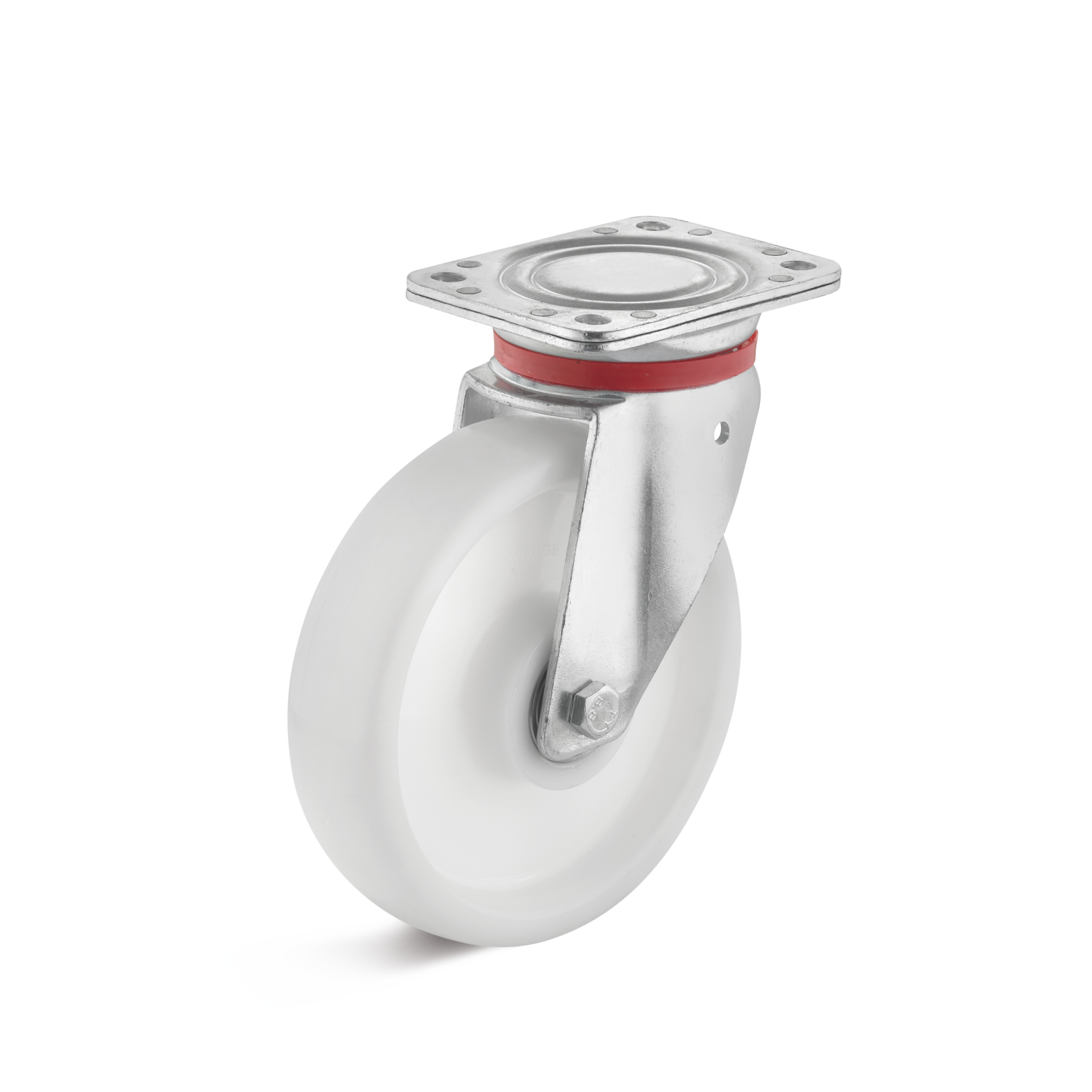 Een witte industriewiel met een metalen bevestigingsplaat. Het wiel heeft een rode ring en is ontworpen voor functionaliteit in een logistieke omgeving. De achtergrond is neutraal en minimalistisch.