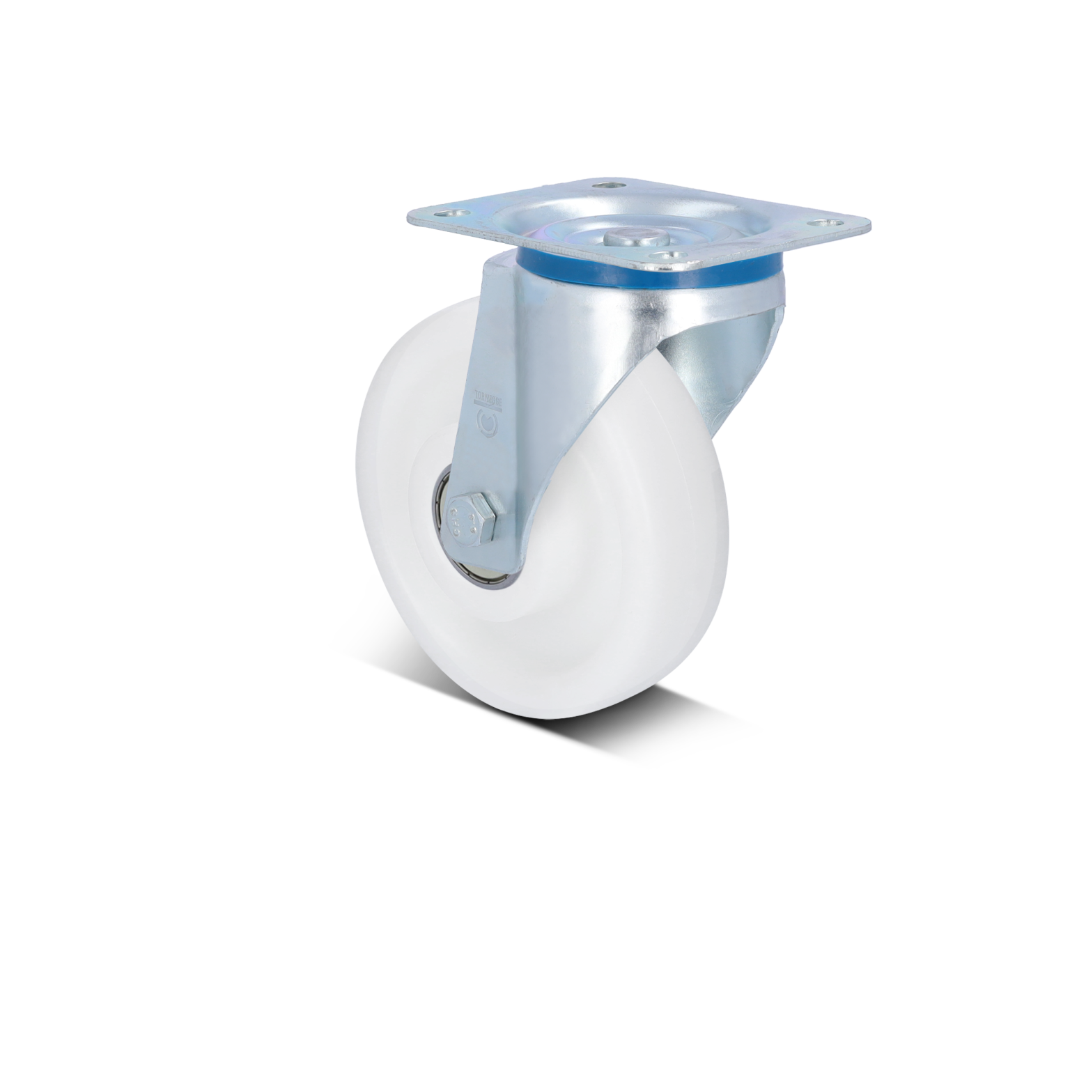 A swivel caster with a white plastic wheel is mounted on a metal bracket. The bracket features a flat, circular top plate with four holes for securing it to surfaces, enhancing mobility in an industrial context.