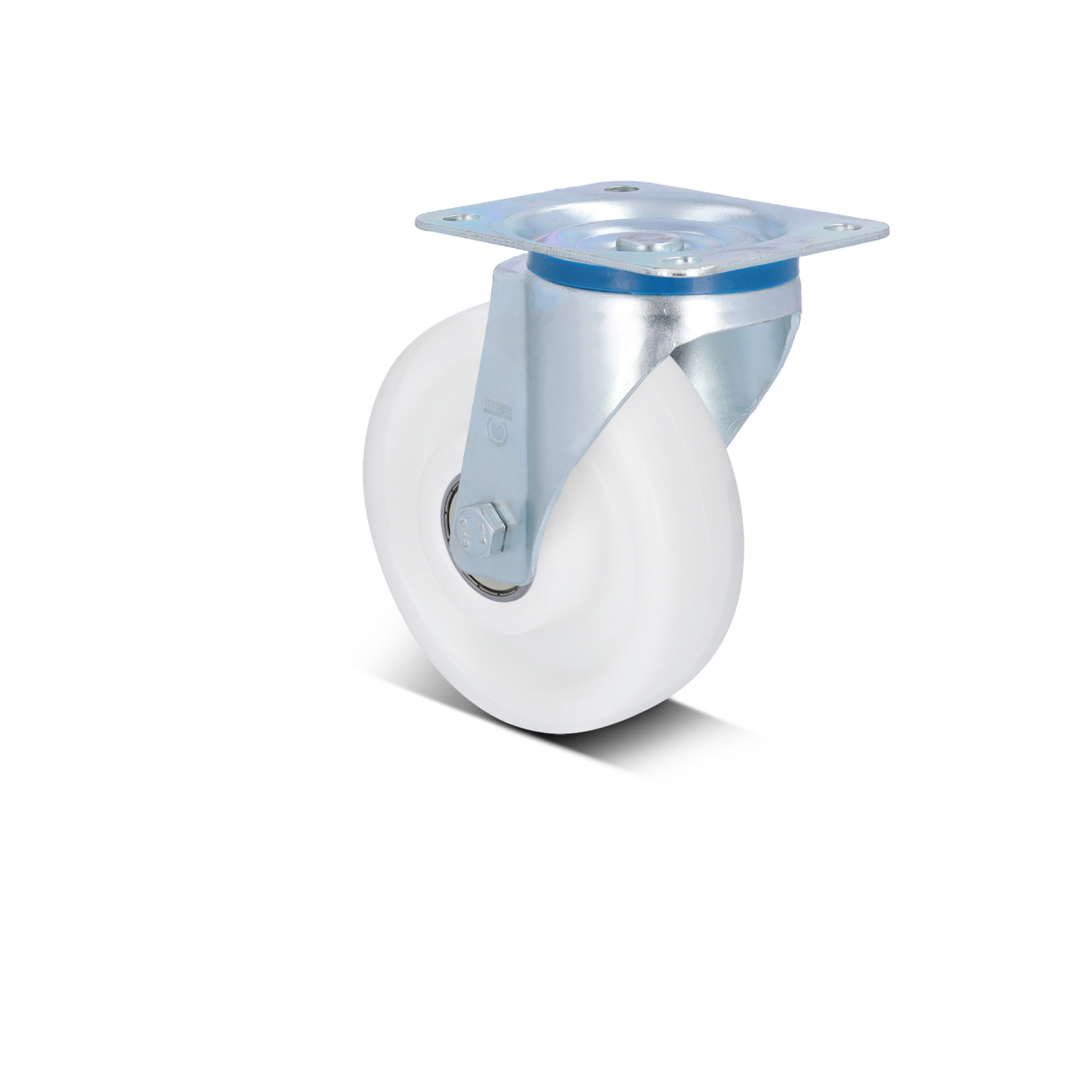 A swivel caster with a white plastic wheel is mounted on a metal bracket. The bracket features a flat, circular top plate with four holes for securing it to surfaces, enhancing mobility in an industrial context.