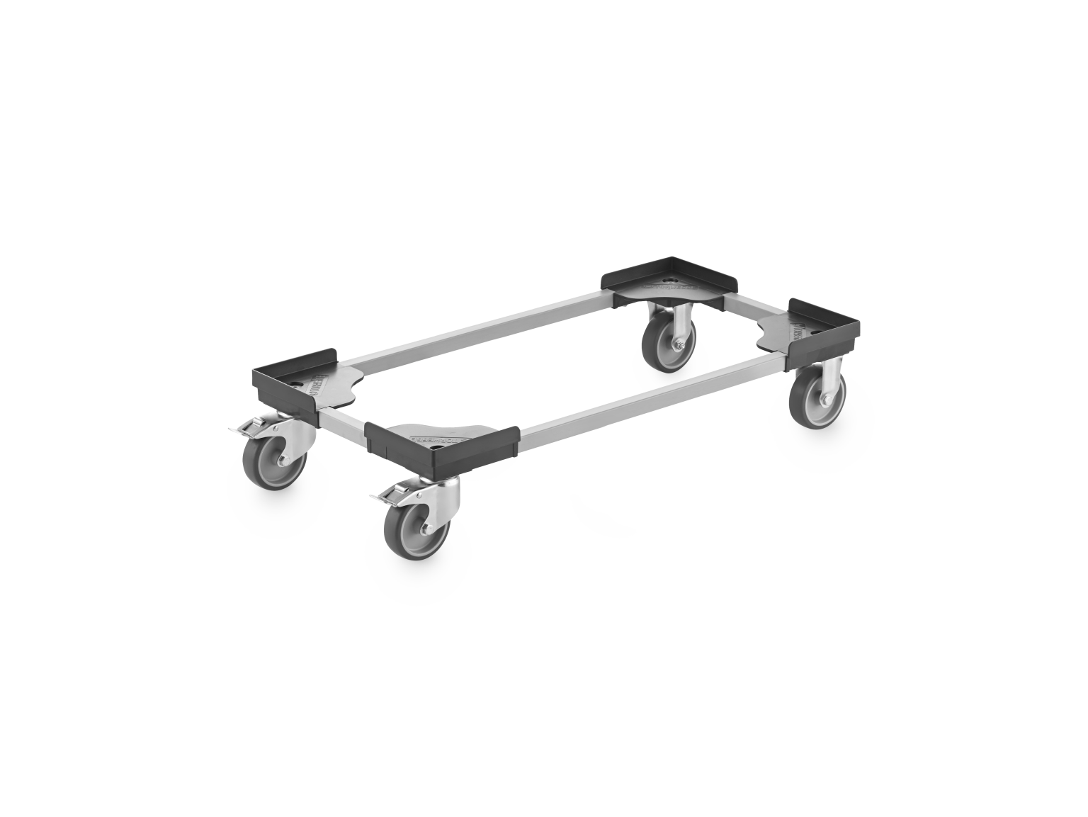 A transport trolley features a rectangular metal frame with four swivel casters. The design includes distinct corners for stability, suitable for moving heavy items in an industrial setting.