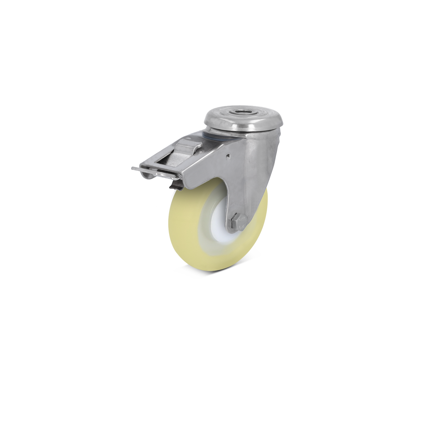 Bockrolle mit einem robusten Metallgehäuse und grauem, widerstandsfähigem Rad. Das Rad hat einen gelblichen Gummiüberzug und ist für den Einsatz in industriellen Umgebungen konzipiert.