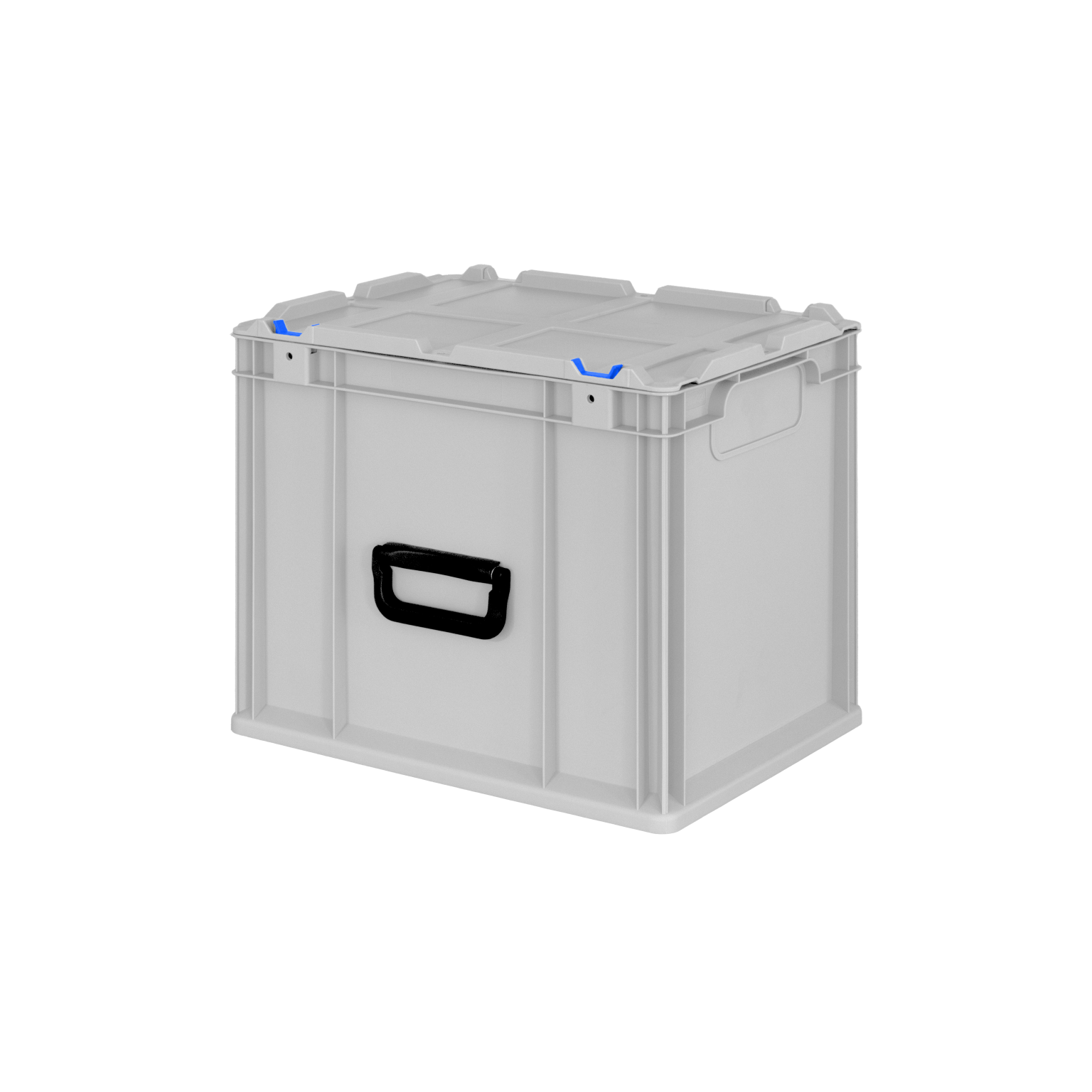 A white plastic storage box with a sturdy handle and blue accents on the lid edge. It is positioned on a plain background, showcasing its rectangular shape and functionality for storage.