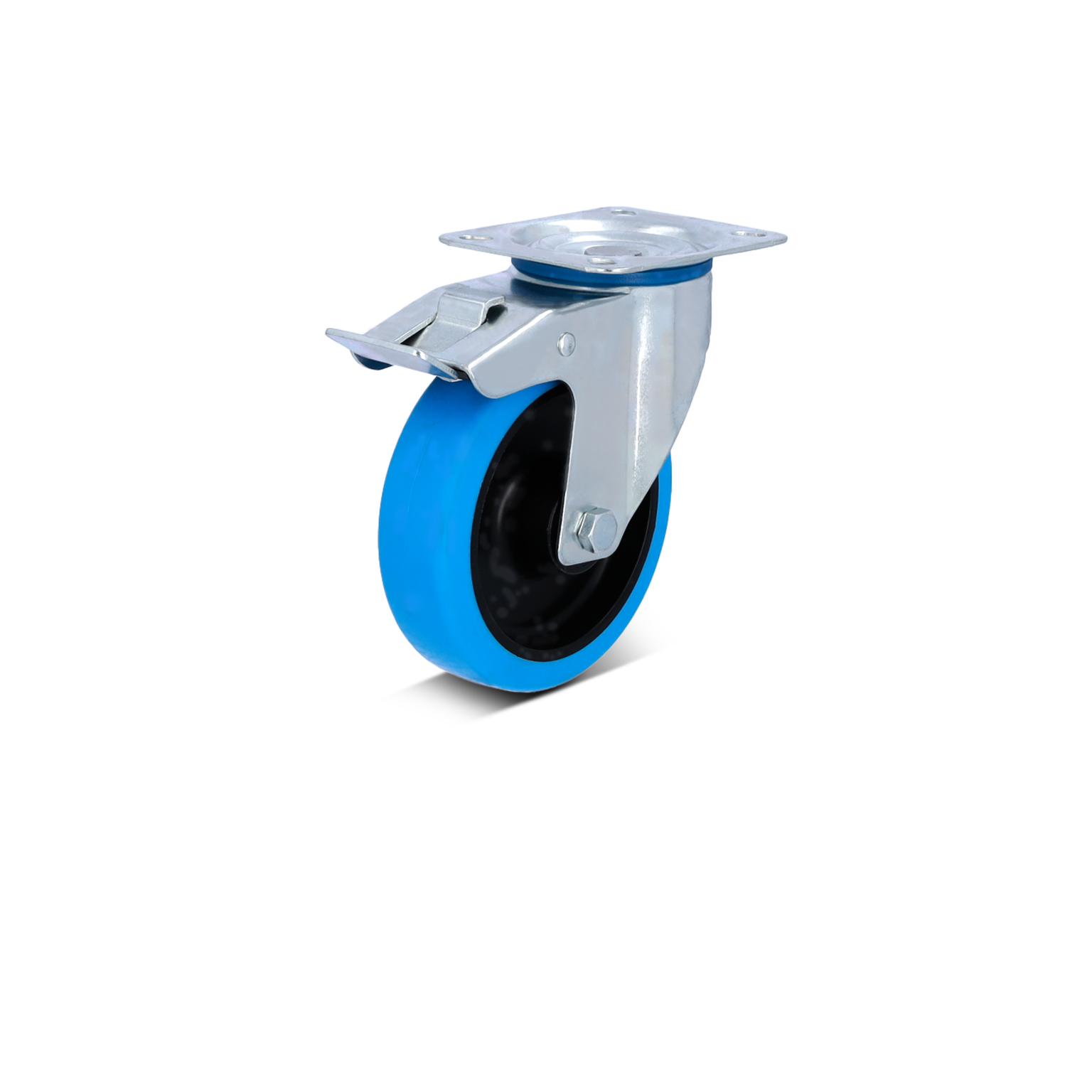 A swiveling caster features a blue rubber wheel with a black core, securely attached to a square metal mounting plate with a locking mechanism. The background is plain, highlighting the caster.