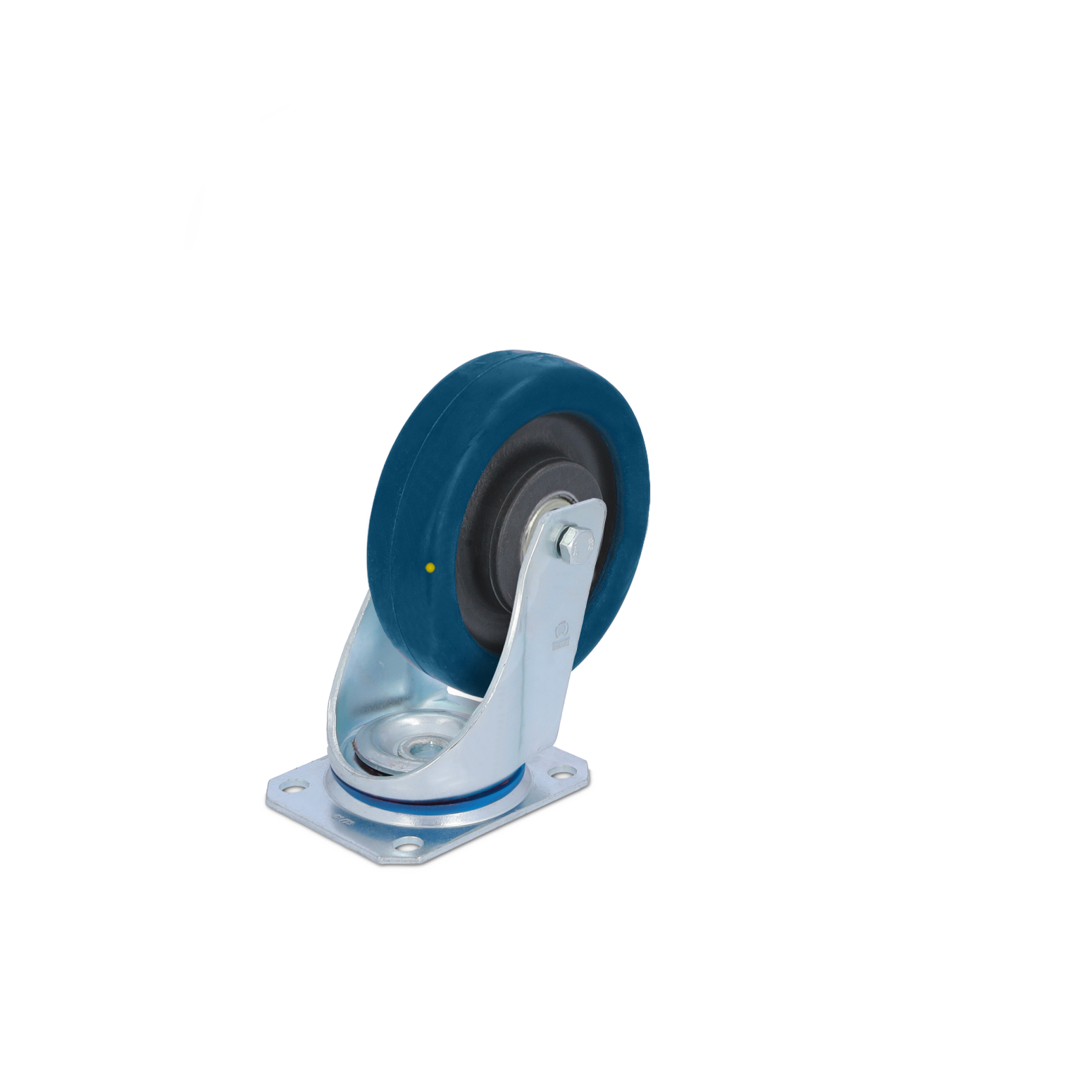 Zwenkwiel met een blauw rubberen loopvlak en een metalen basis. Het wiel is gemonteerd met een bevestigingsplaat en is geschikt voor gebruik in industriële omgevingen.